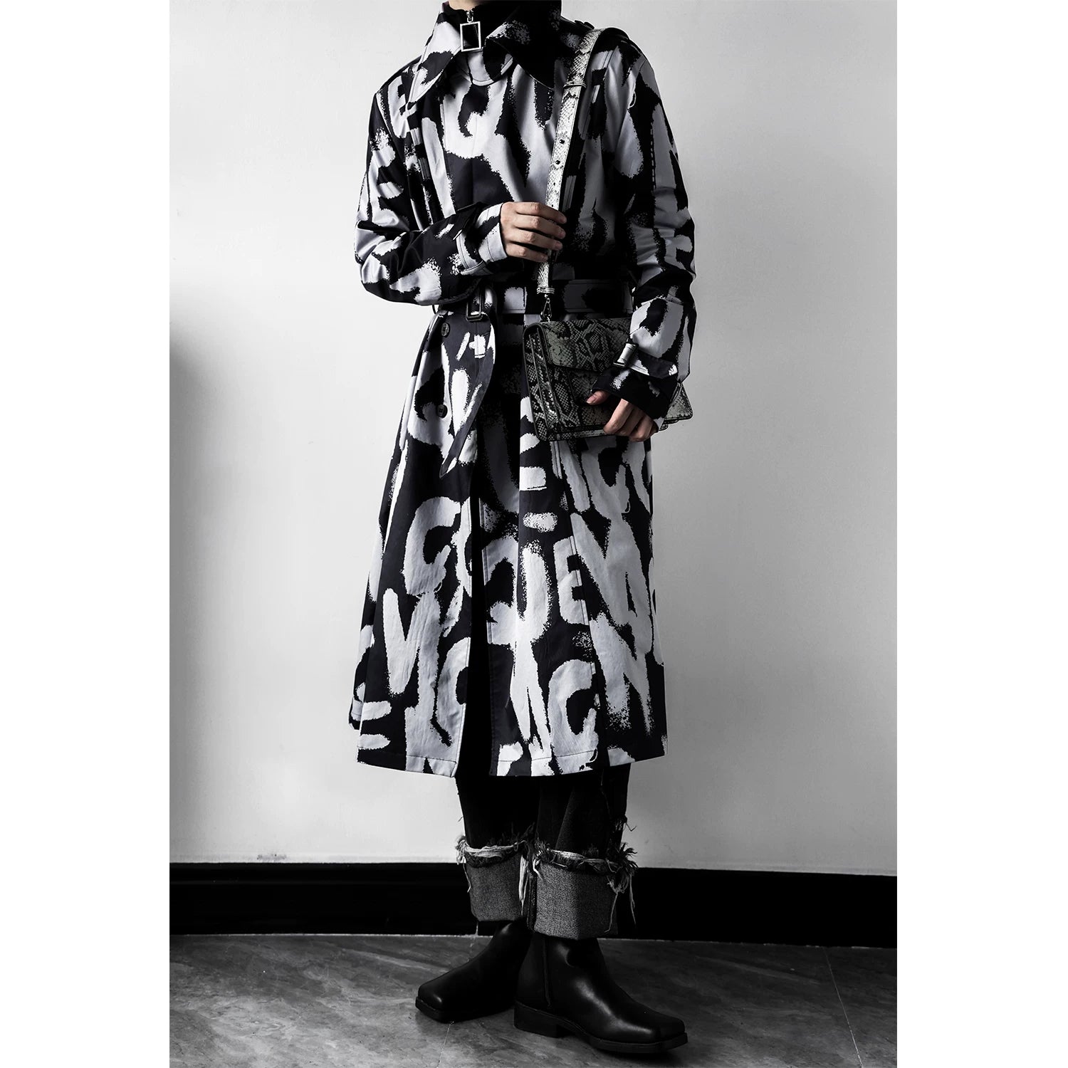 Monochrome Riot Script Trench Coat