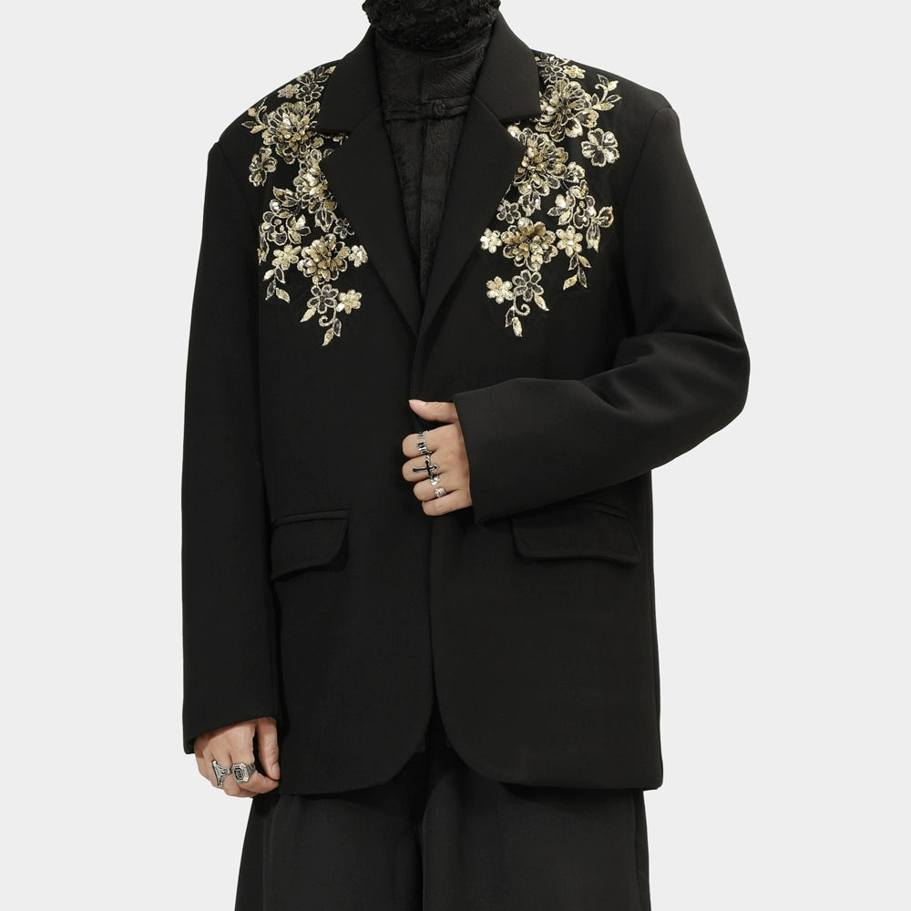 Black Blazer with Gold Floral Embroidery on Lapels