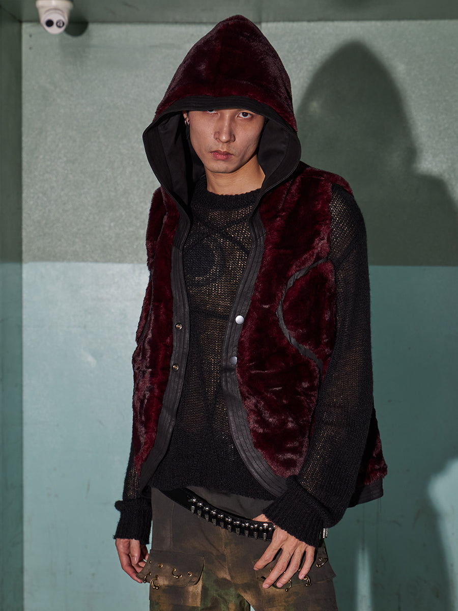 Noir Leather Hooded Vest with Burgundy Lining