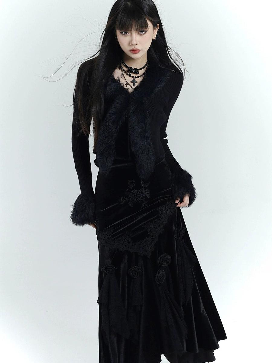 Ladyghost Gothic Velvet Maxi Dress - Women'S Black High-Low Gown With Fur Cuffs And V-Neck