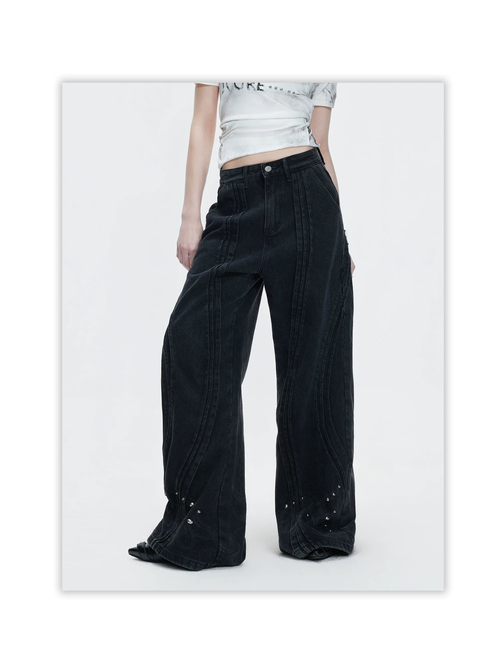 Studded Panel Wide Leg Jeans