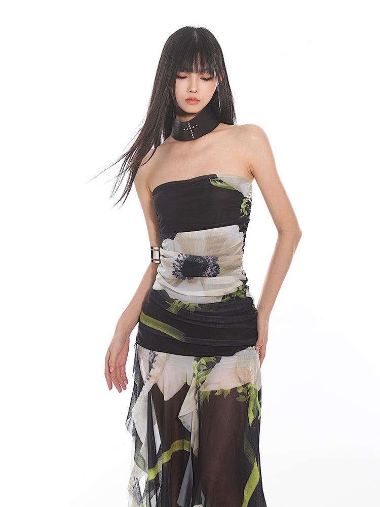 Elegant Floral Mesh Tube Top Dress - chiclara