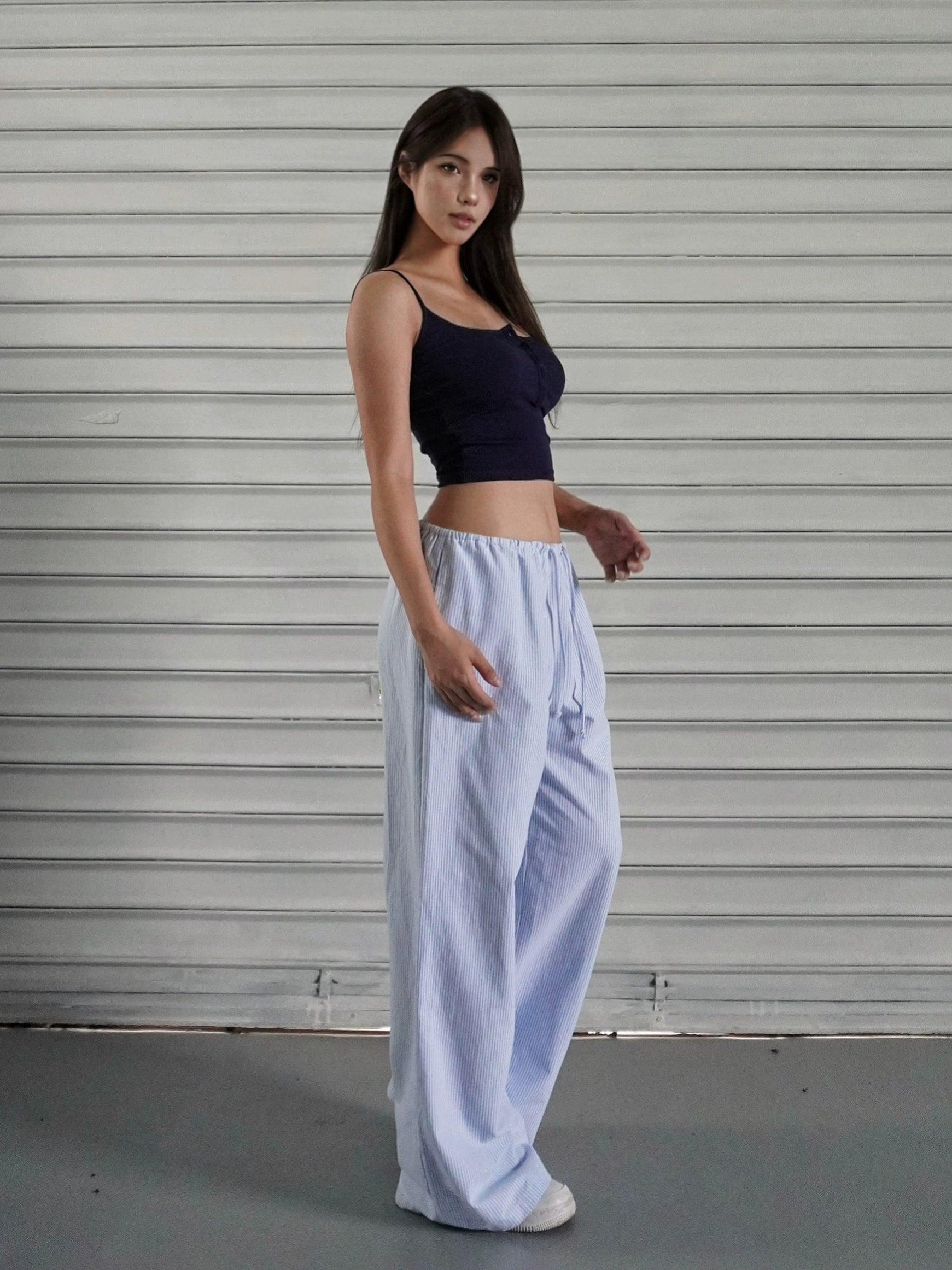 Blue and White Striped Wide-Leg Pants