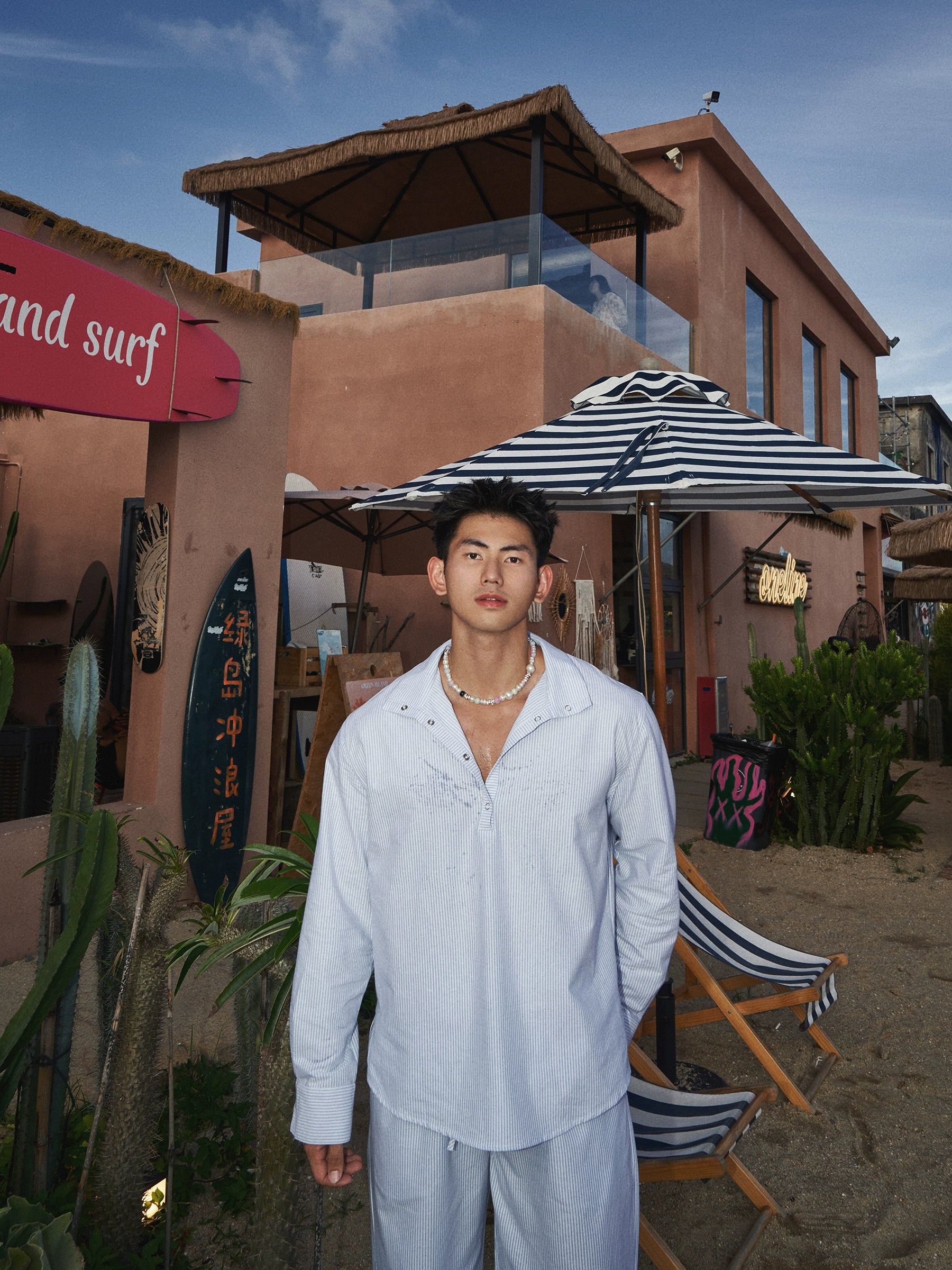 Striped Henley Leisure Shirt and Pants Setup