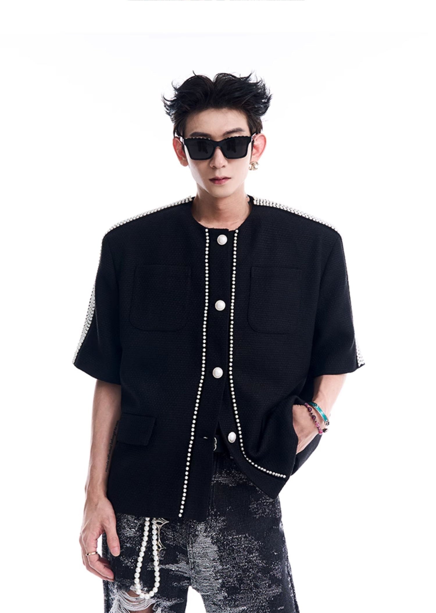 Pearl-Trimmed Short Sleeve Jacket