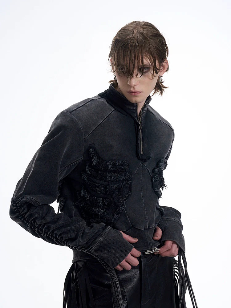 Distressed Raven Half-Zip Jacket