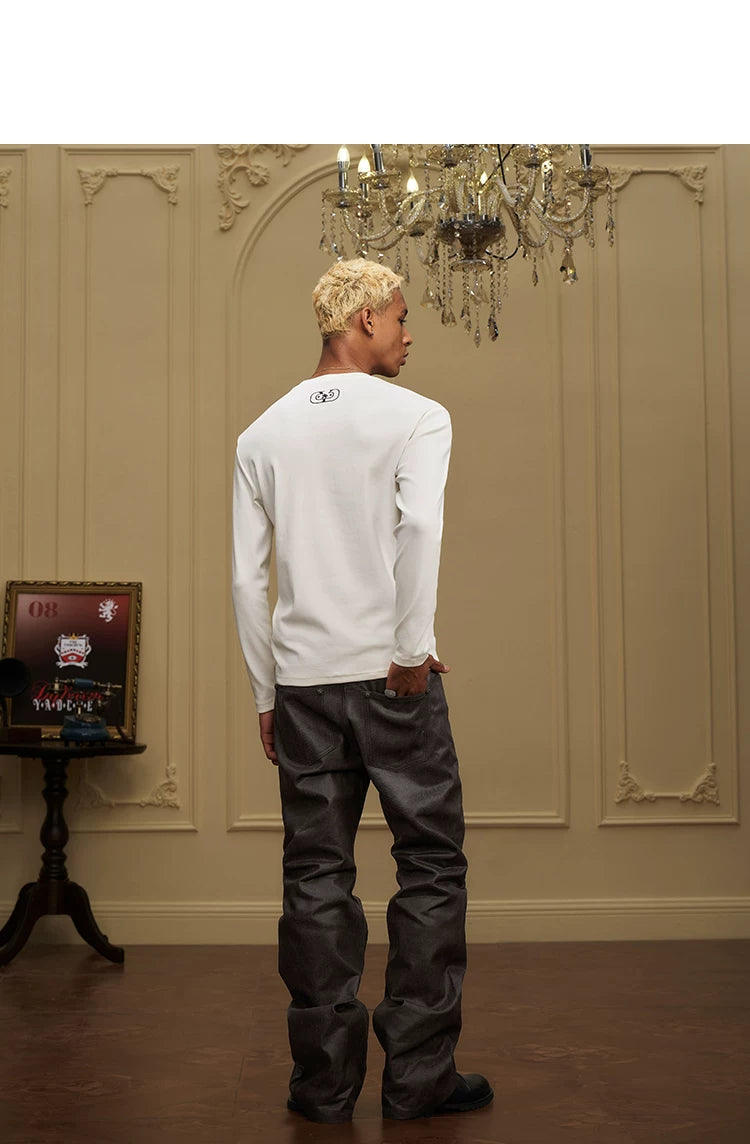 Button Fly Waxed Wide Leg Jeans