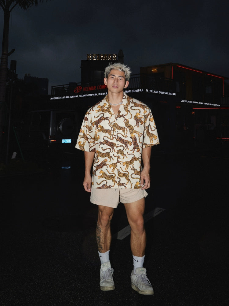 Beige Leopard Print Short Sleeve Shirt