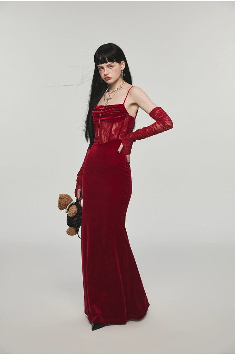 1Jinn Velvet Dress With Fishbone Straps - chiclara