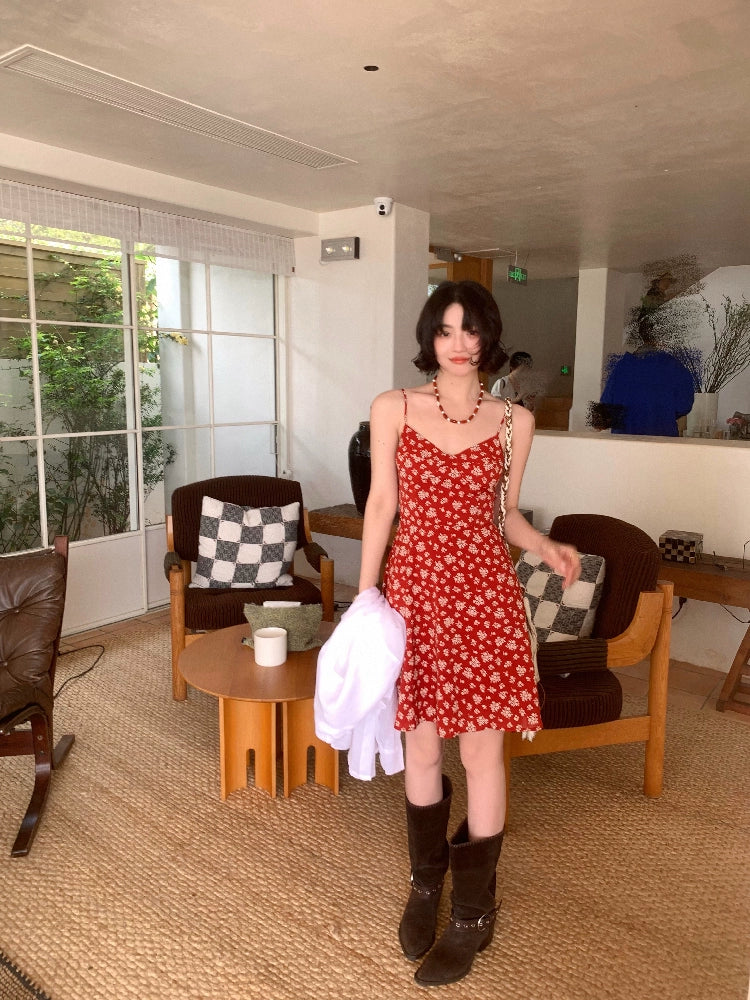 Red Floral Print Asymmetrical Dress