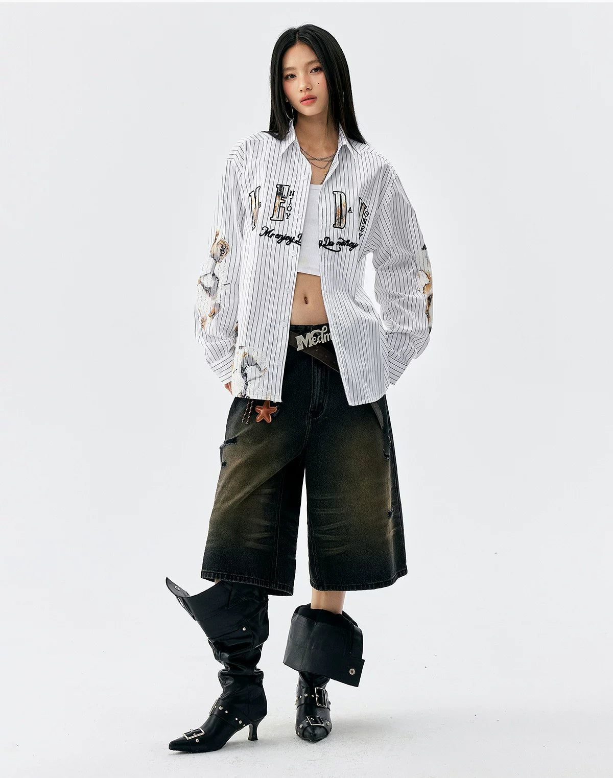 Lace Patchwork Pinstripe Shirt