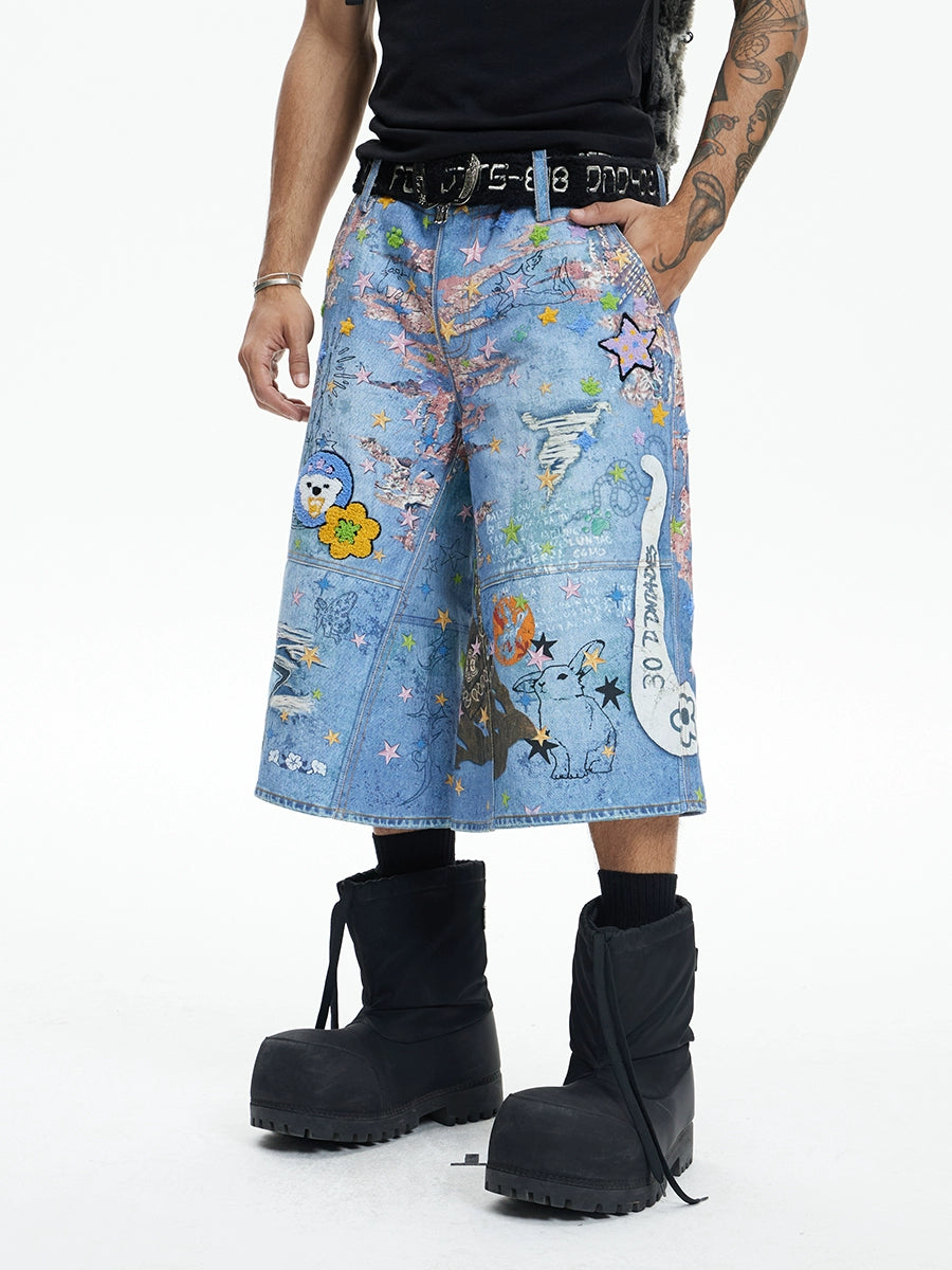 Graffiti Patchwork Denim Bermuda Shorts
