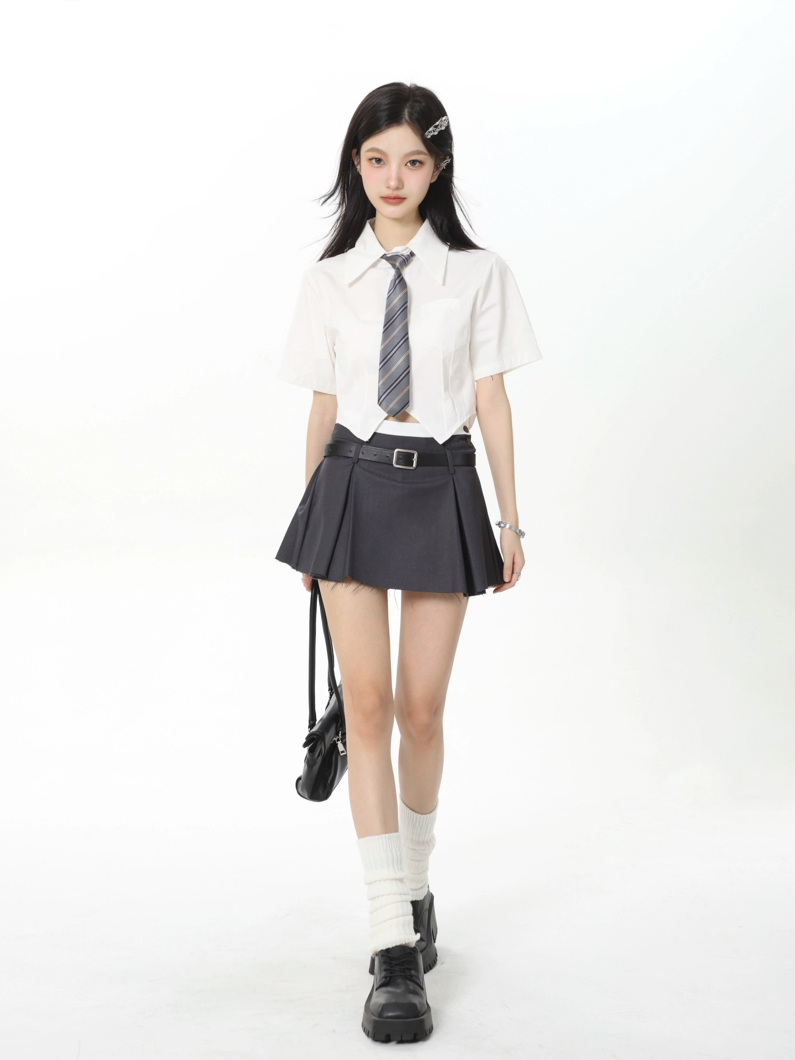 White Short-Sleeve Shirt with Tie JK Style