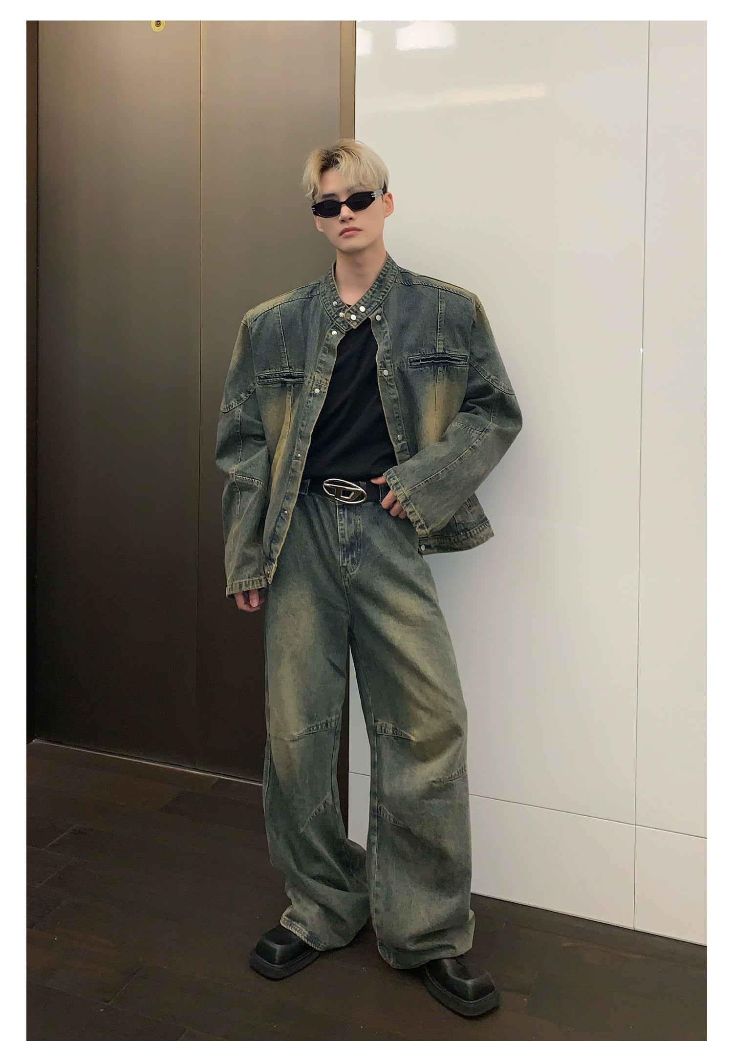 Wide-Leg Faded Distressed Jeans with Unique Seam Detailing