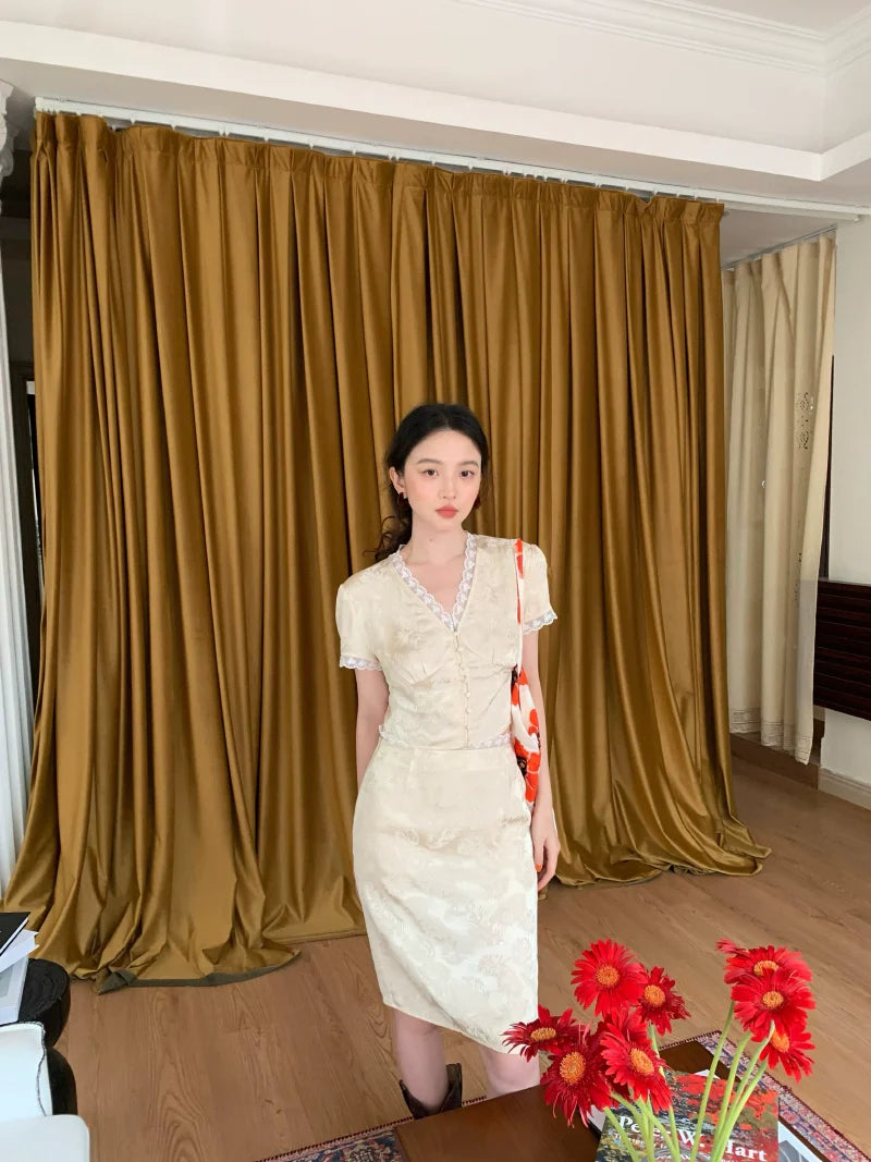 French Vintage Lace Trim Blouse and Midi Skirt Setup
