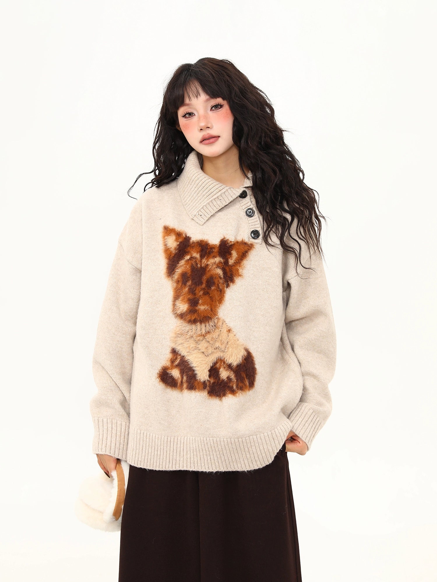 Cozy Terrier Shawl-Collar Knit Sweater