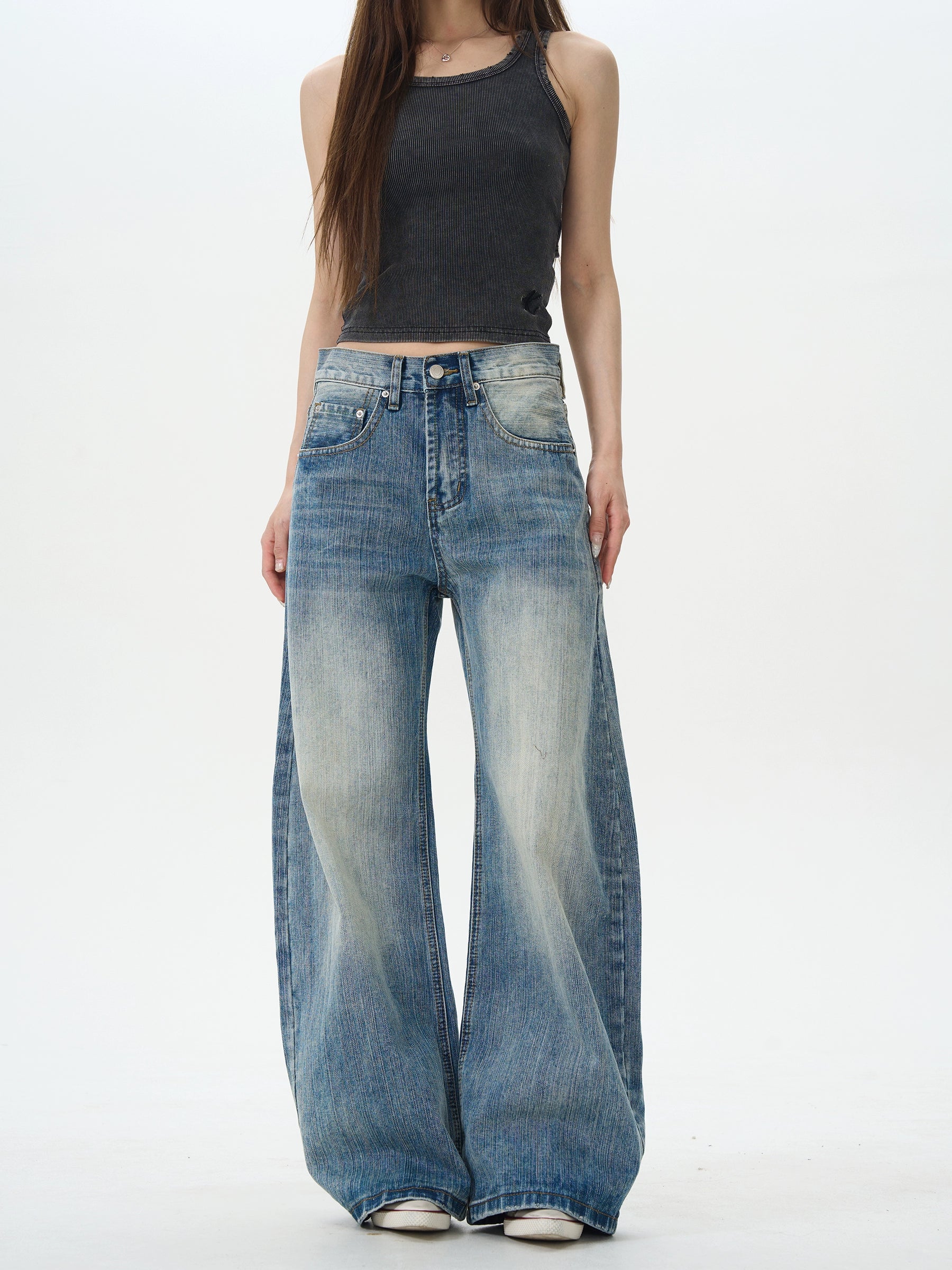 Heavy Knee Distressed Wide Leg Blue Jeans