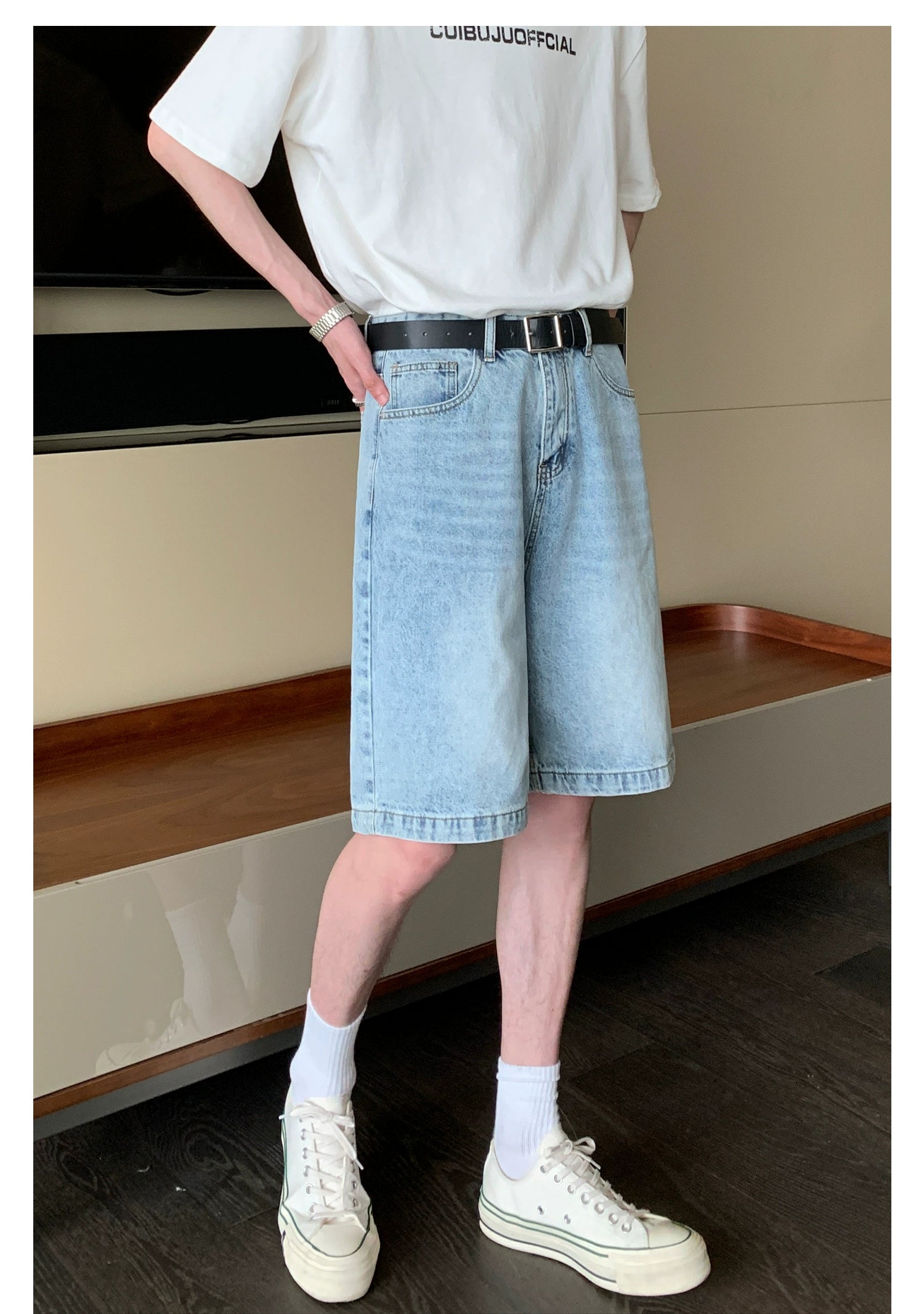 Faded Denim Shorts with Distressed Wash