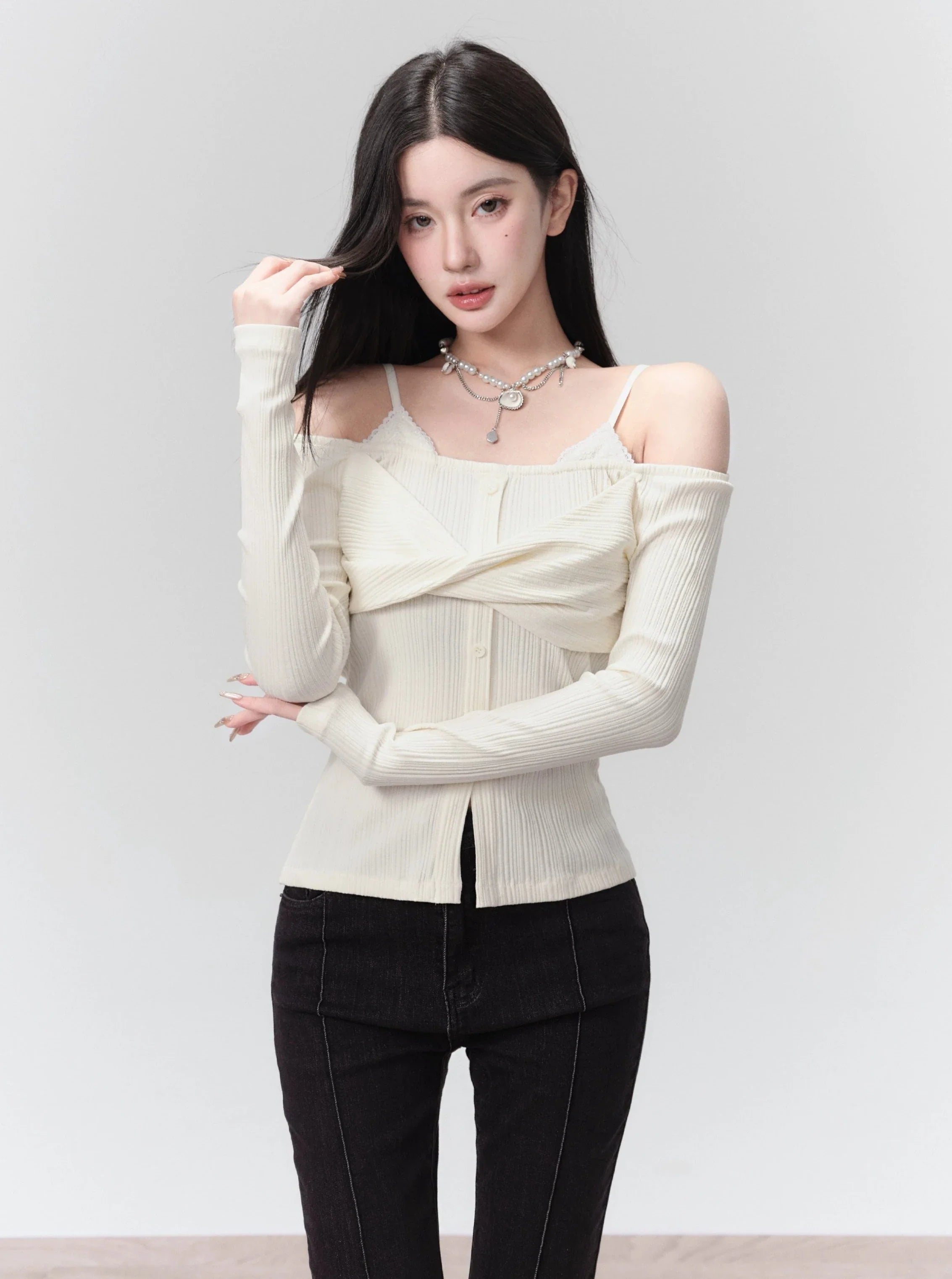 Elegant White Off-Shoulder Twisted Front Long Sleeve Top