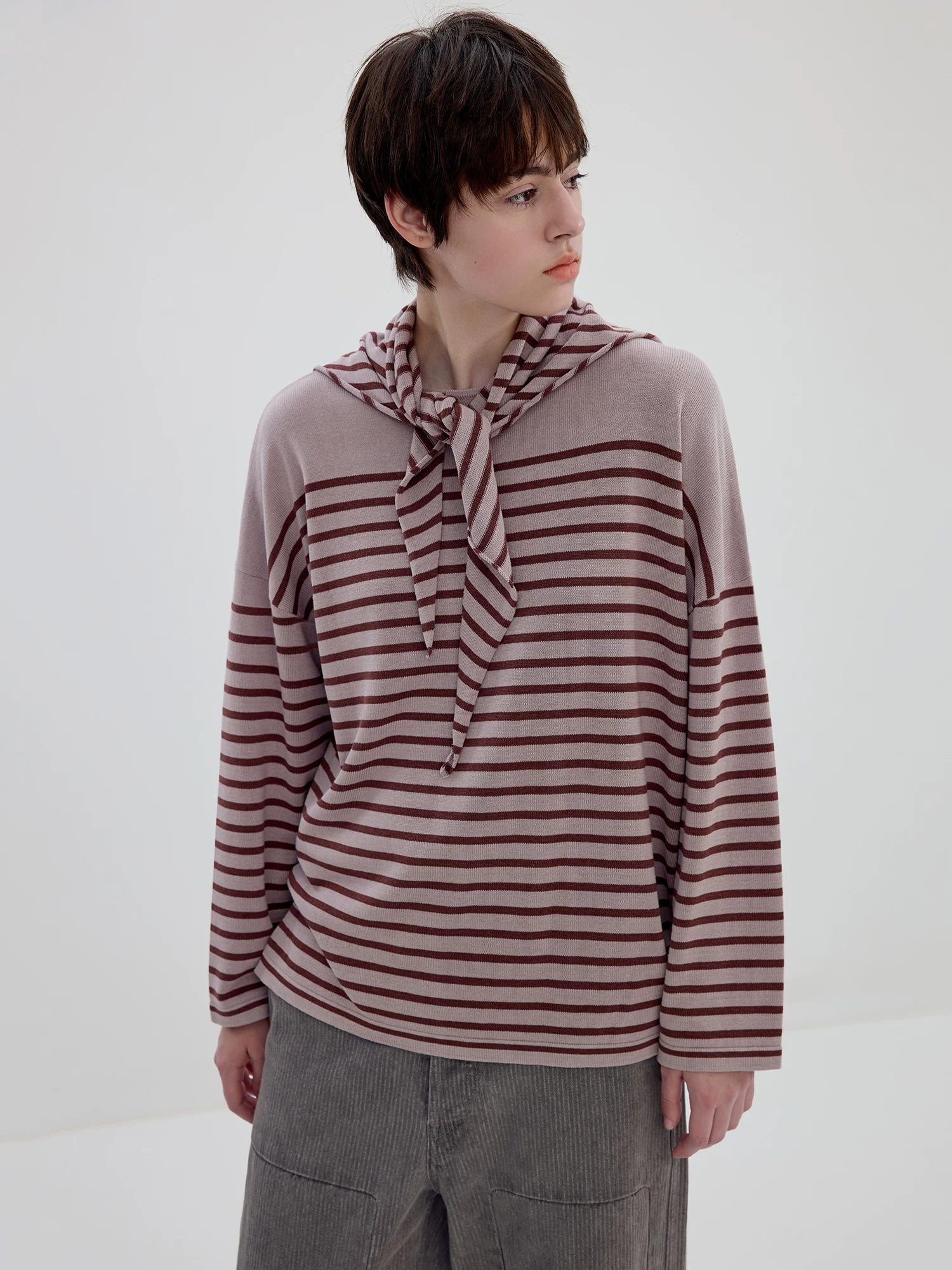 Striped Scarf-Neck Knit Top