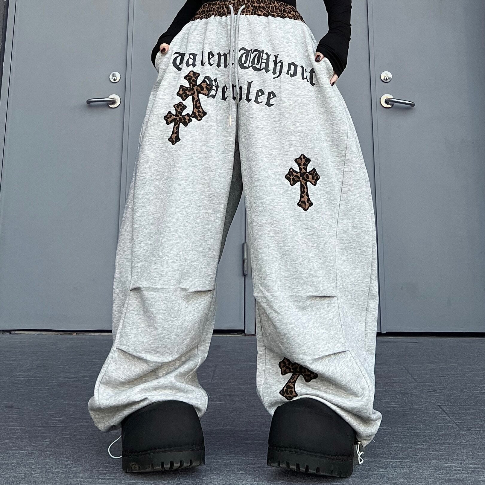 Men's Leopard-Waist Cross-Print Wide-Leg Sweatpants