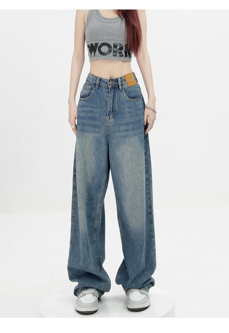 Blue Retro Loose Straight-Leg High-Waist Floor-Length Jeans - chiclara