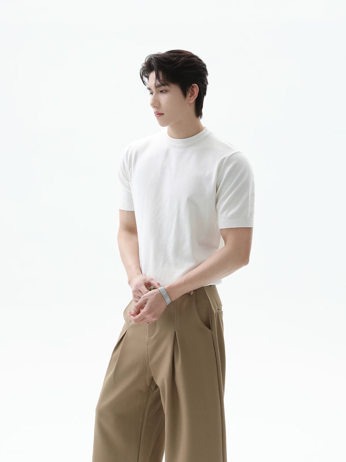 Retro Solid Knit Short-Sleeve T-Shirt - White