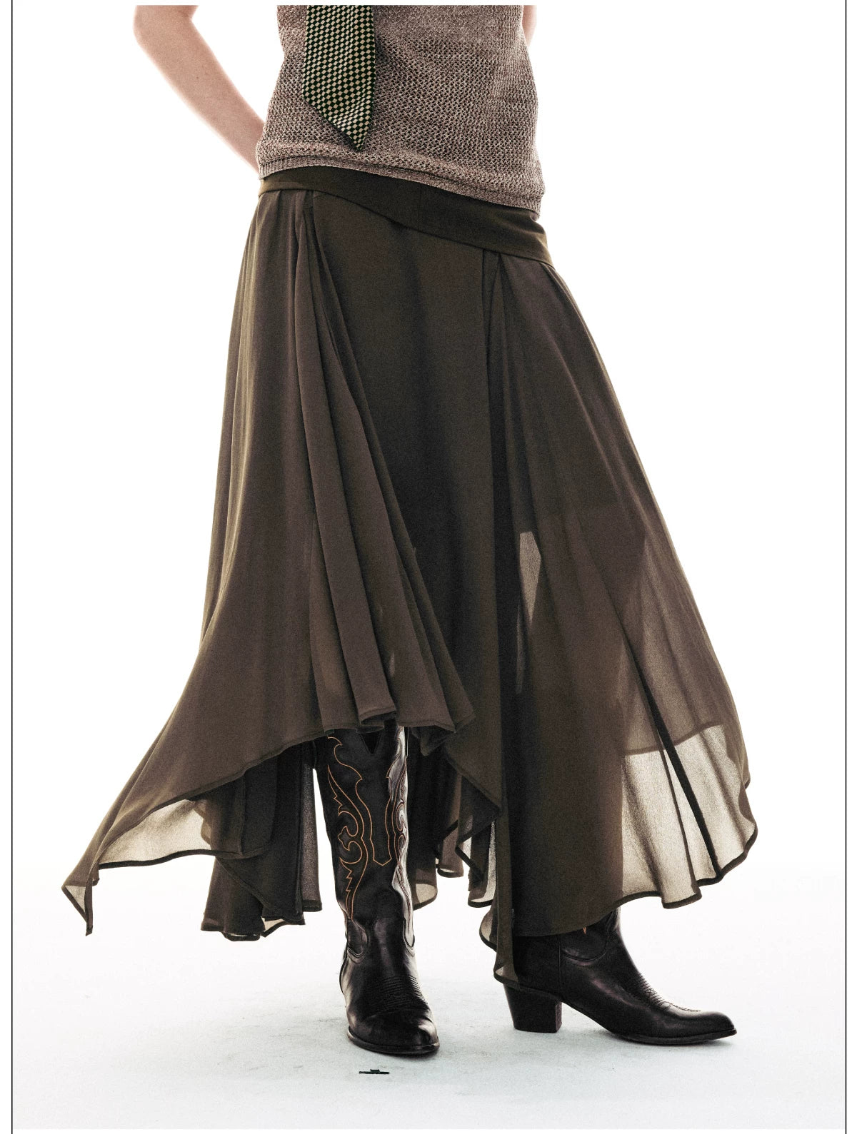 Desert Veil Asymmetric Pleated Midi Skirt