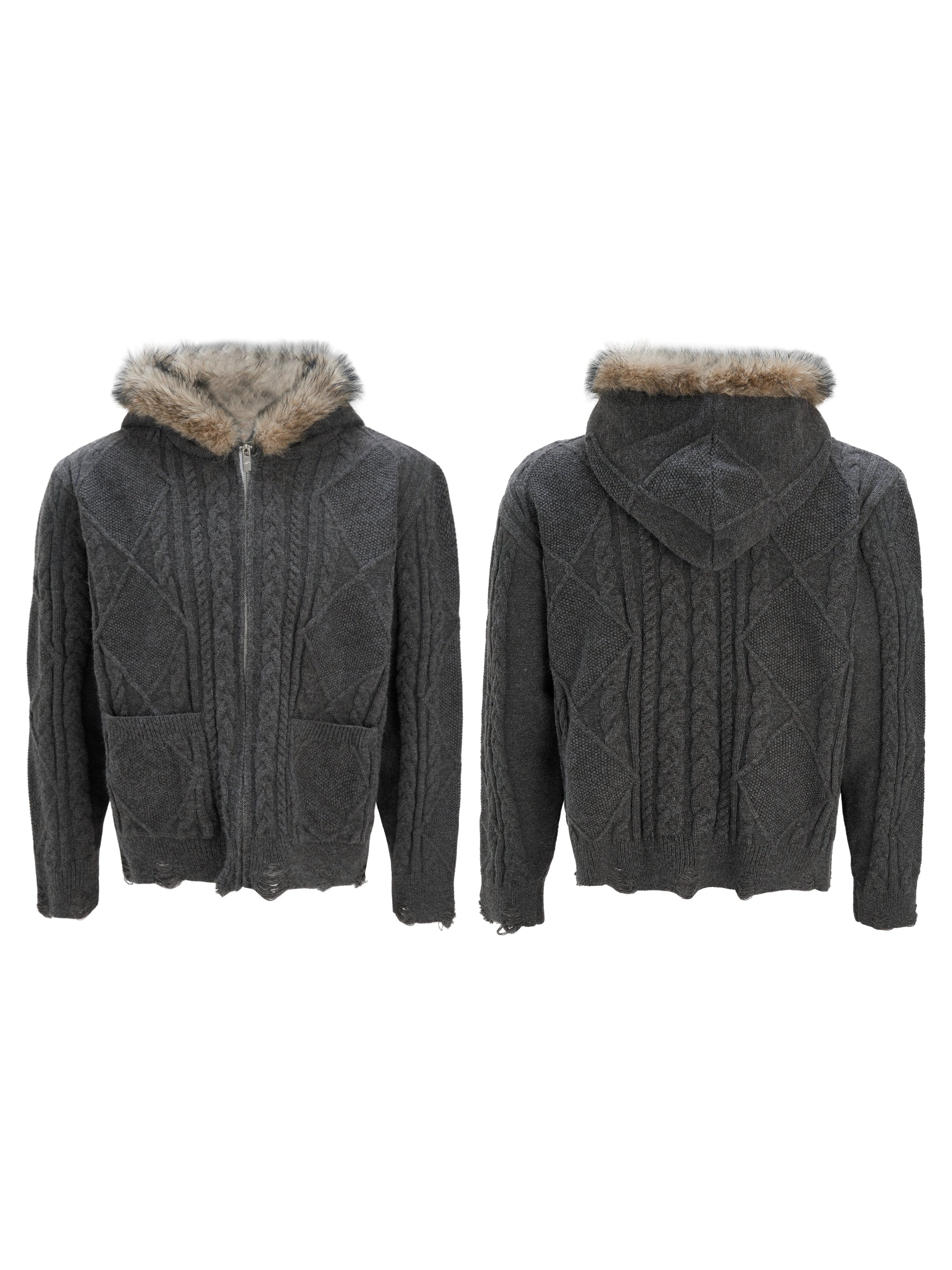 Faux Fur Hooded Cable Pattern Knit Zip Cardigans