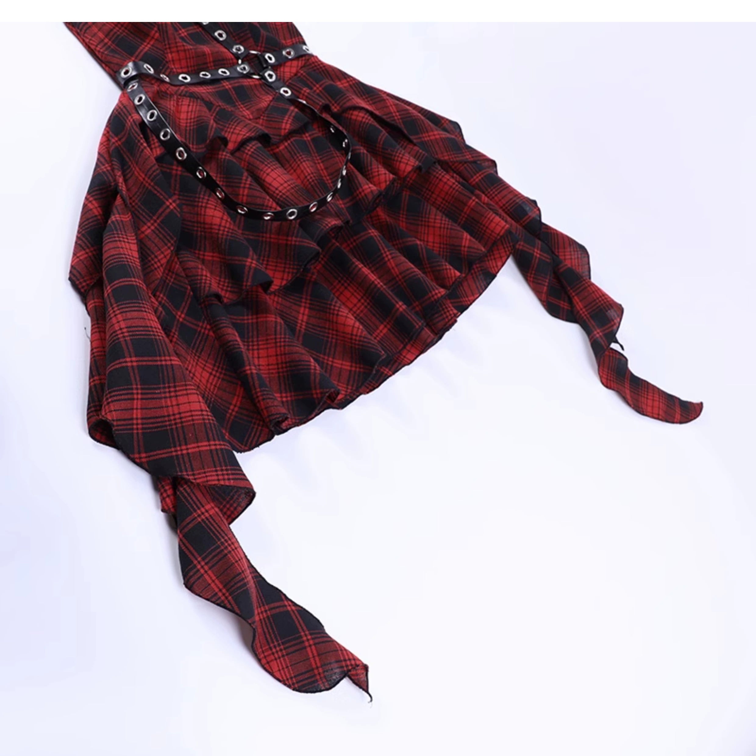 Wannathis Punk Tartan Mini Dress - Red Plaid Ruffle Tiered Goth Dress With Studded Harness