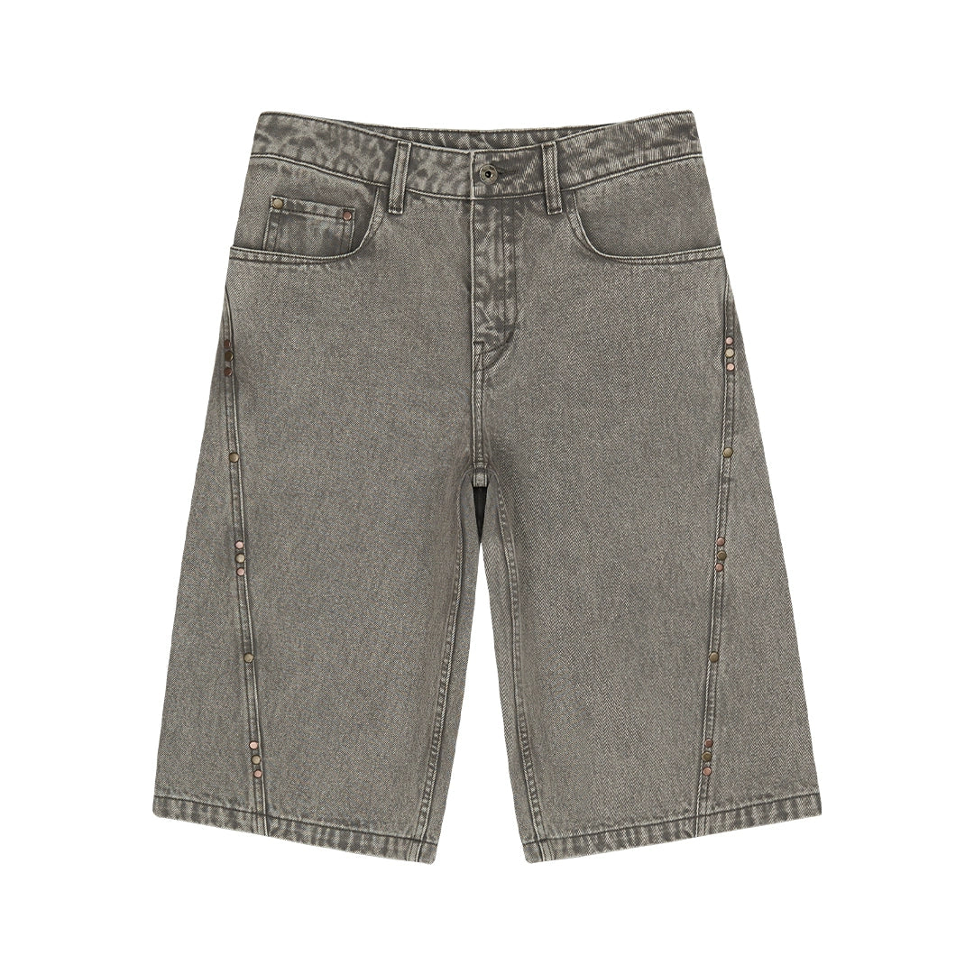 Gray Washed Denim Bermuda Shorts with Side Stud Detailing
