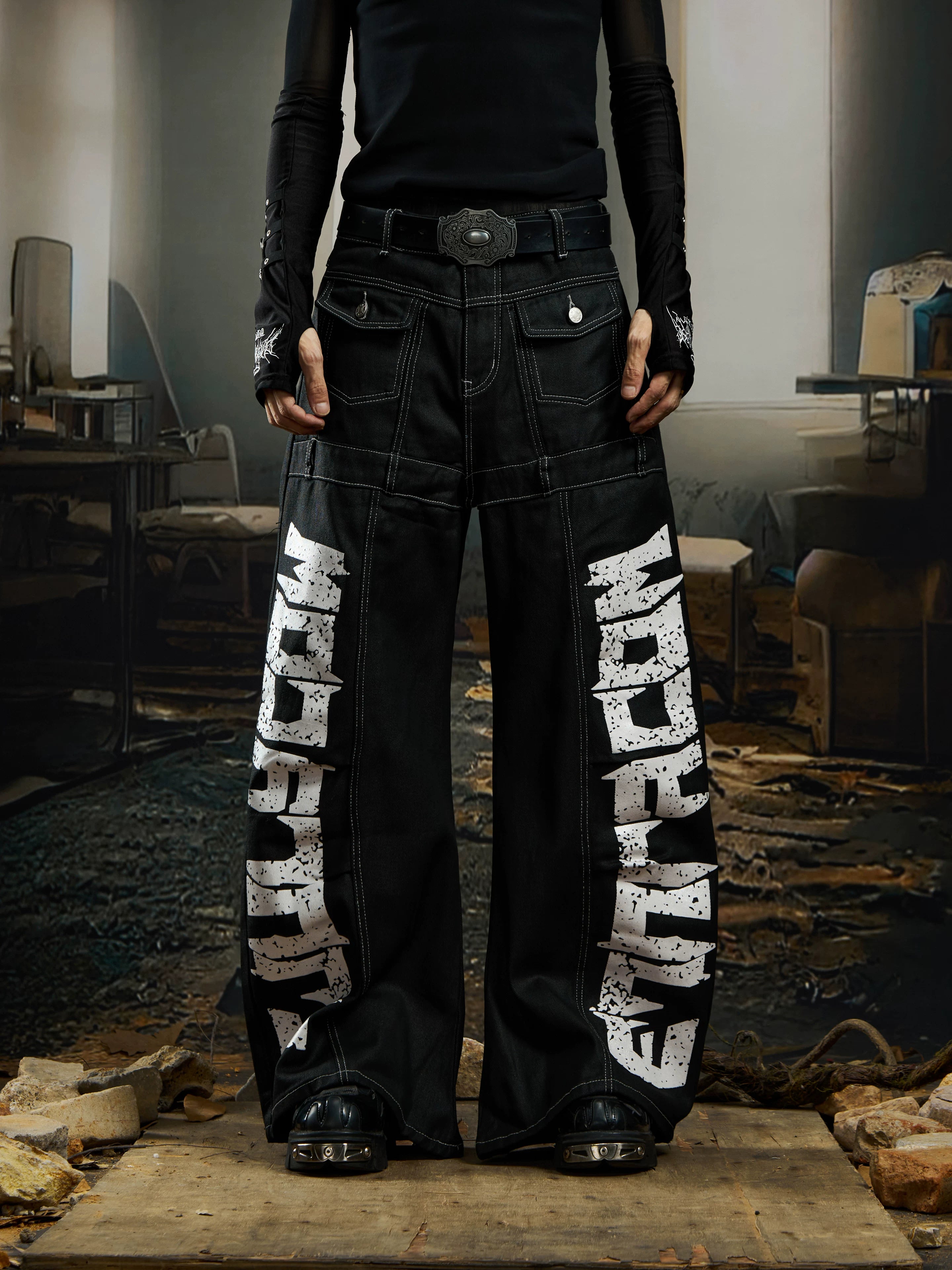 Wreckline Script Wide‑Leg Denim Pants