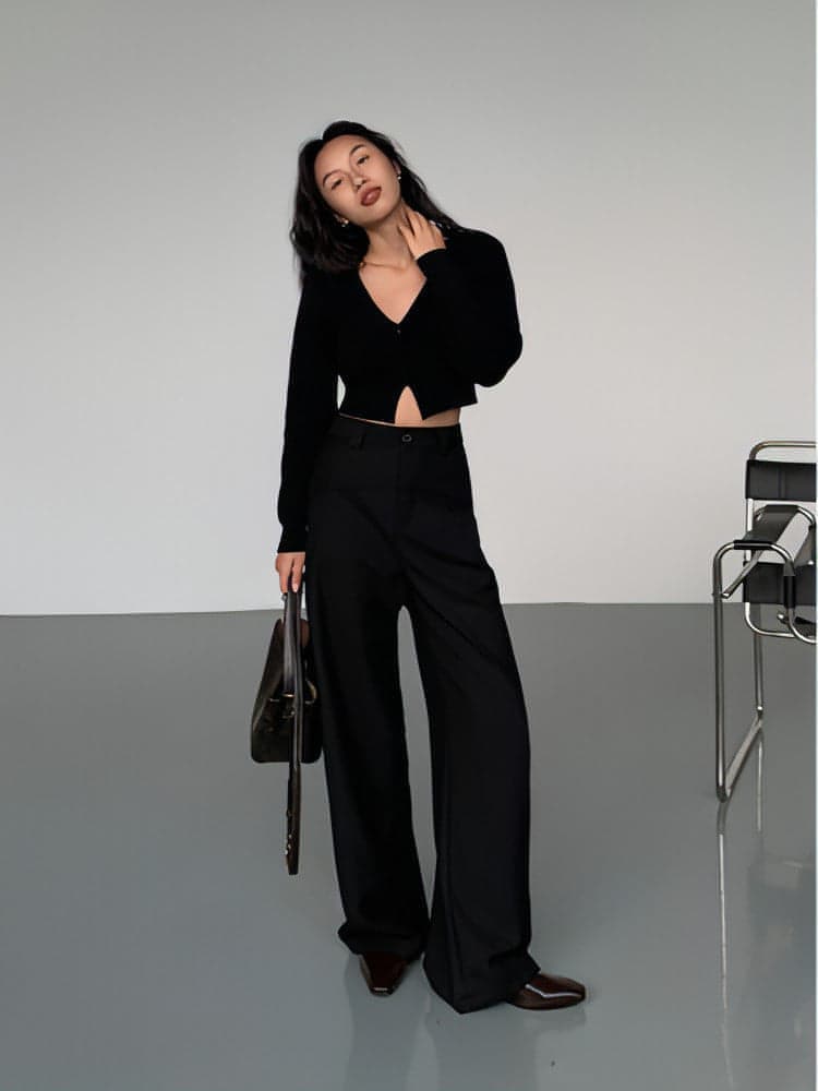 Black High-Waist Straight-Leg Suit Trousers - chiclara