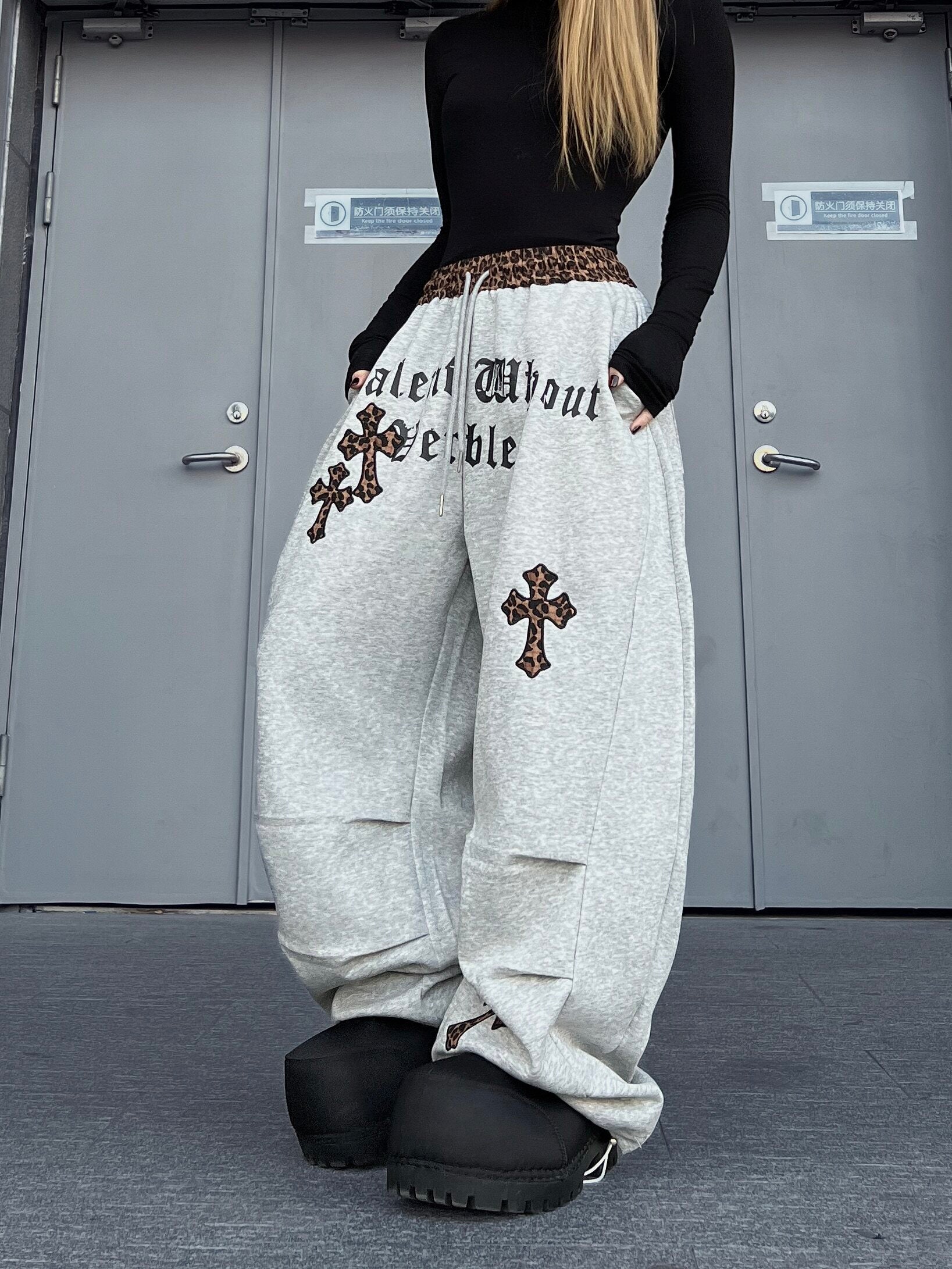 Men's Leopard-Waist Cross-Print Wide-Leg Sweatpants