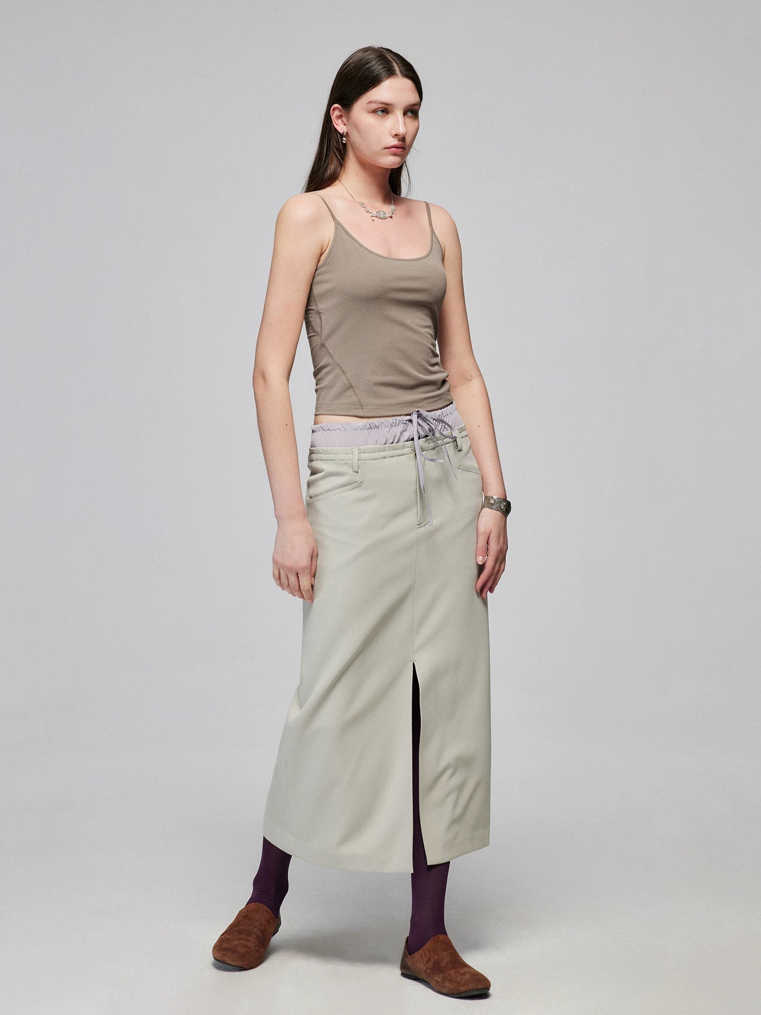 Layered Waist Front-Slit Midi Skirt