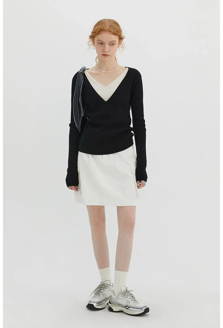 V-Neck Wool Knitwear, Color-Block Faux Layered Top - chiclara