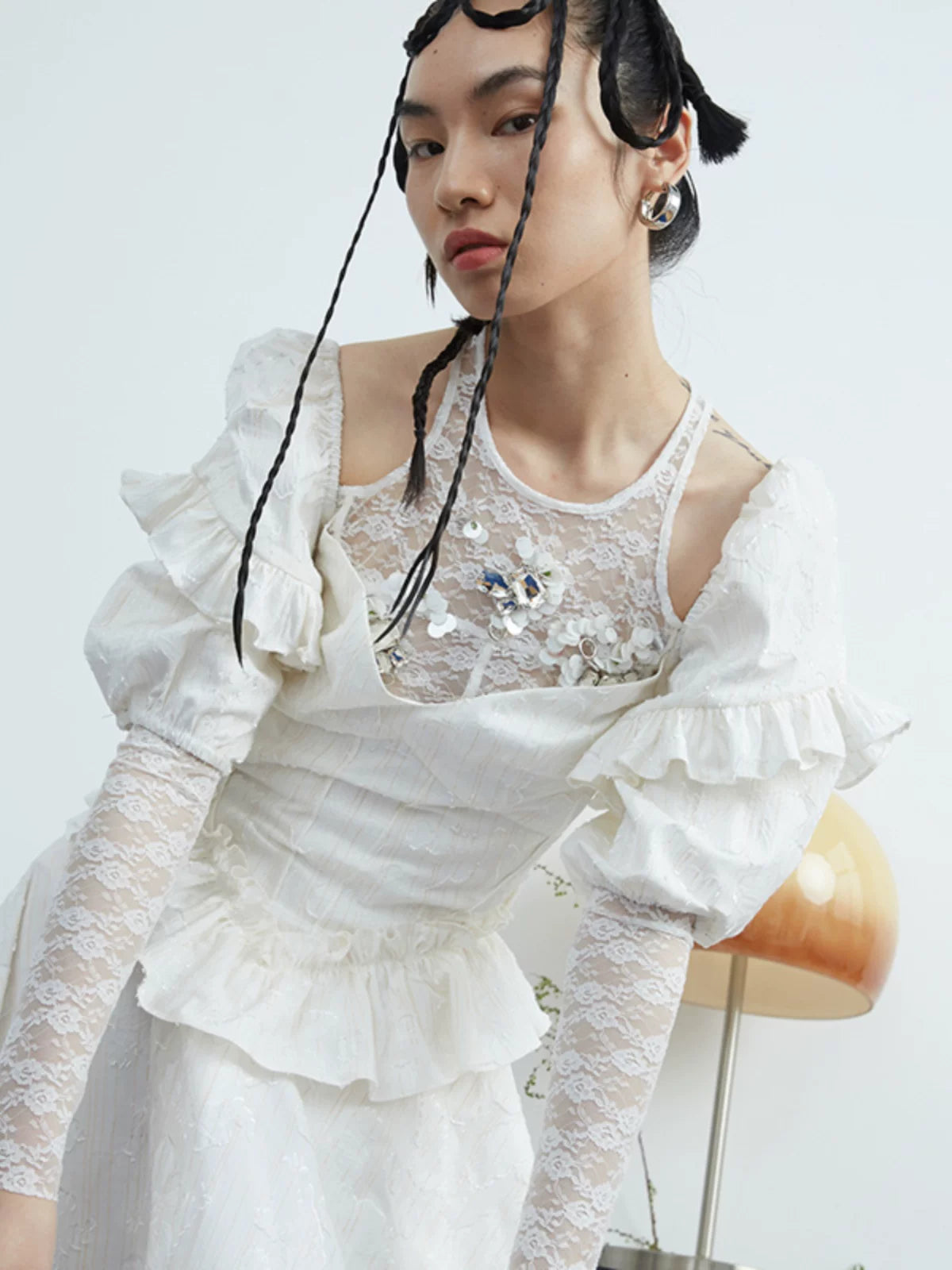 Ivory Ruffle Asymmetry Midi Dress