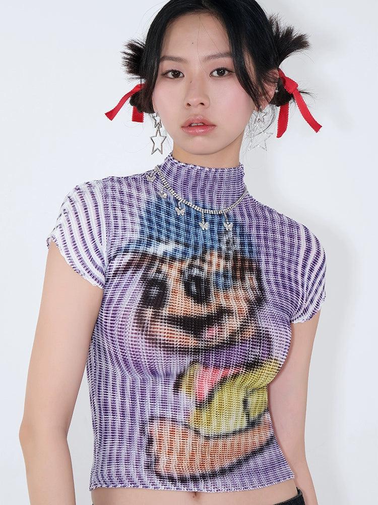 Cartoon Dog Print Ribbed Crop Top