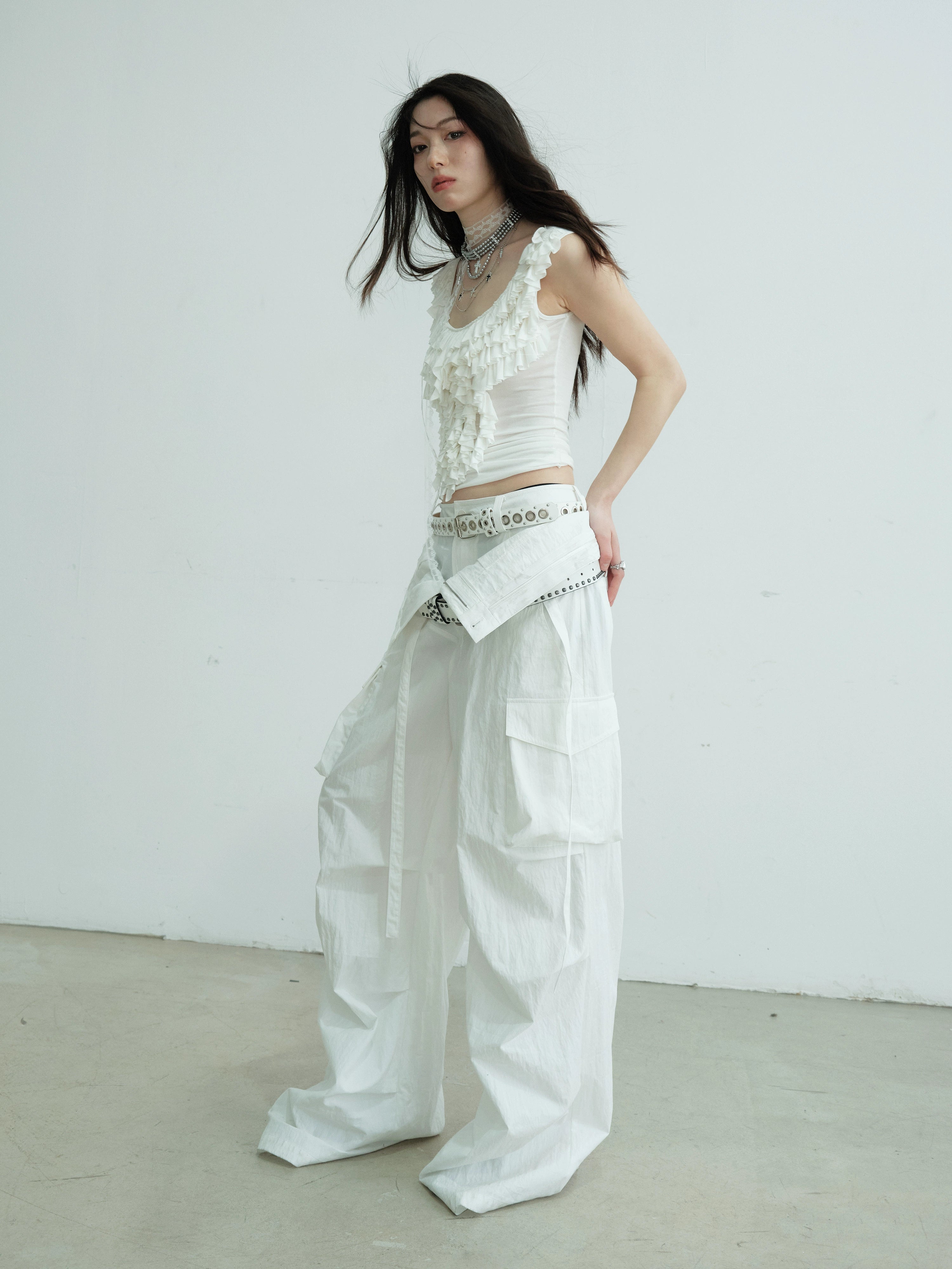 Ruffled Lace Cap Sleeve White Top
