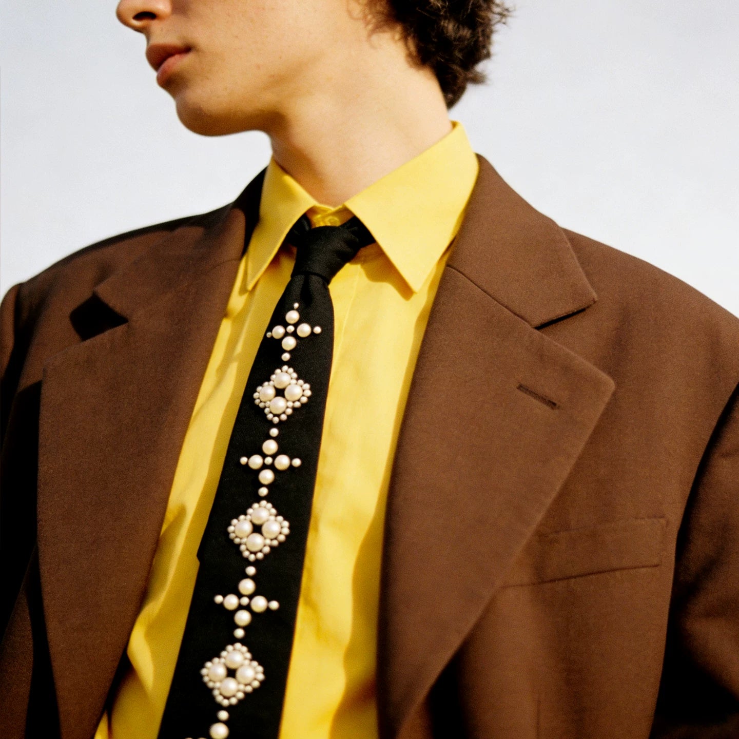 Pearl Embellished Statement Skinny Neck Tie