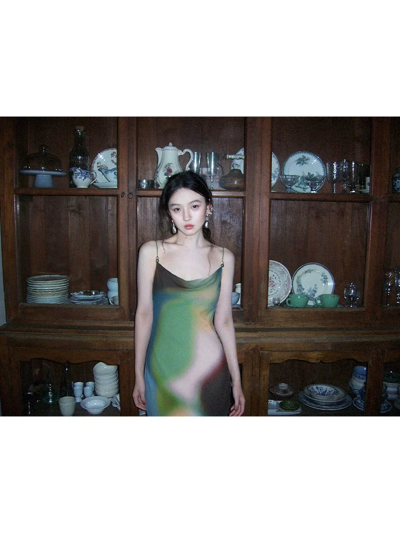 Colorful Abstract Print Spaghetti Strap Maxi Dress