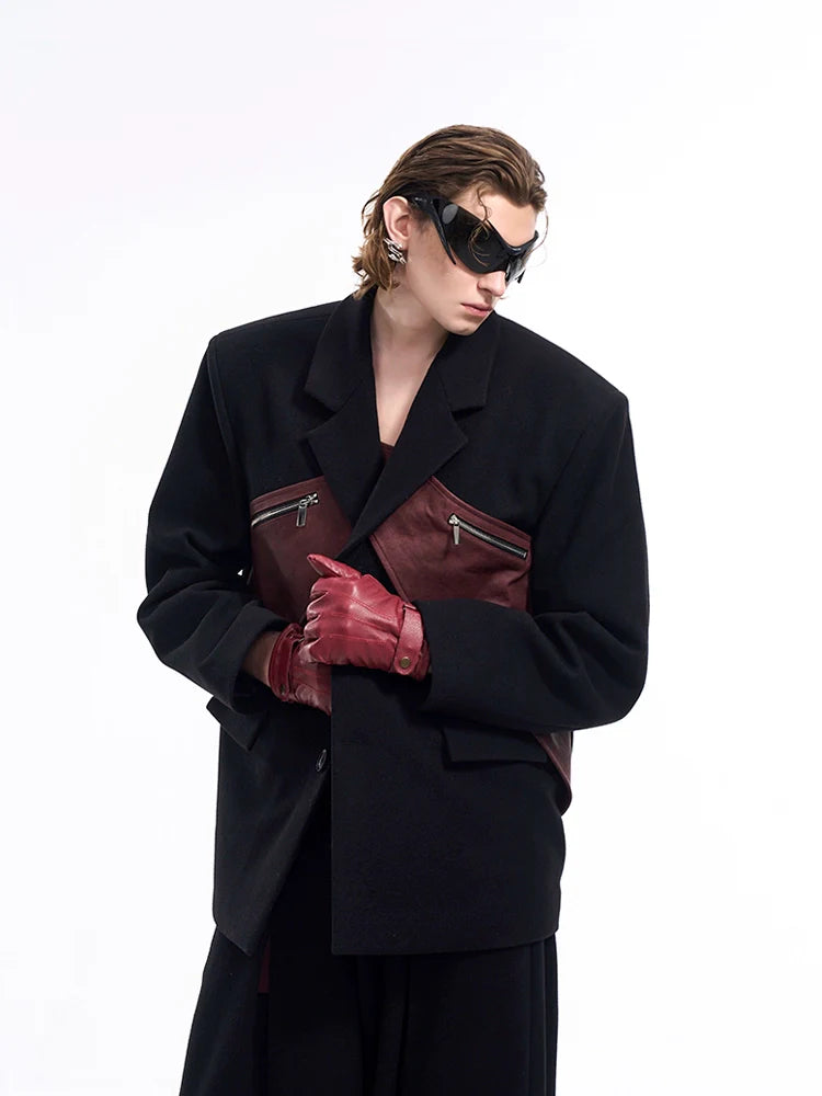 Two-Tone Leather Panel Blazer and Wide Leg Trousers Setup