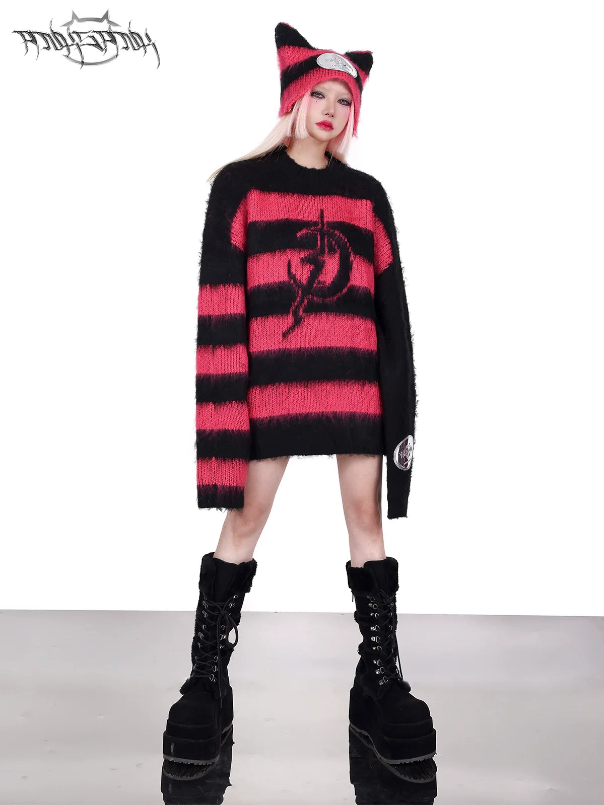 PINKSPINK Punk Cat Ear Beanie - Pink/Black Stripe