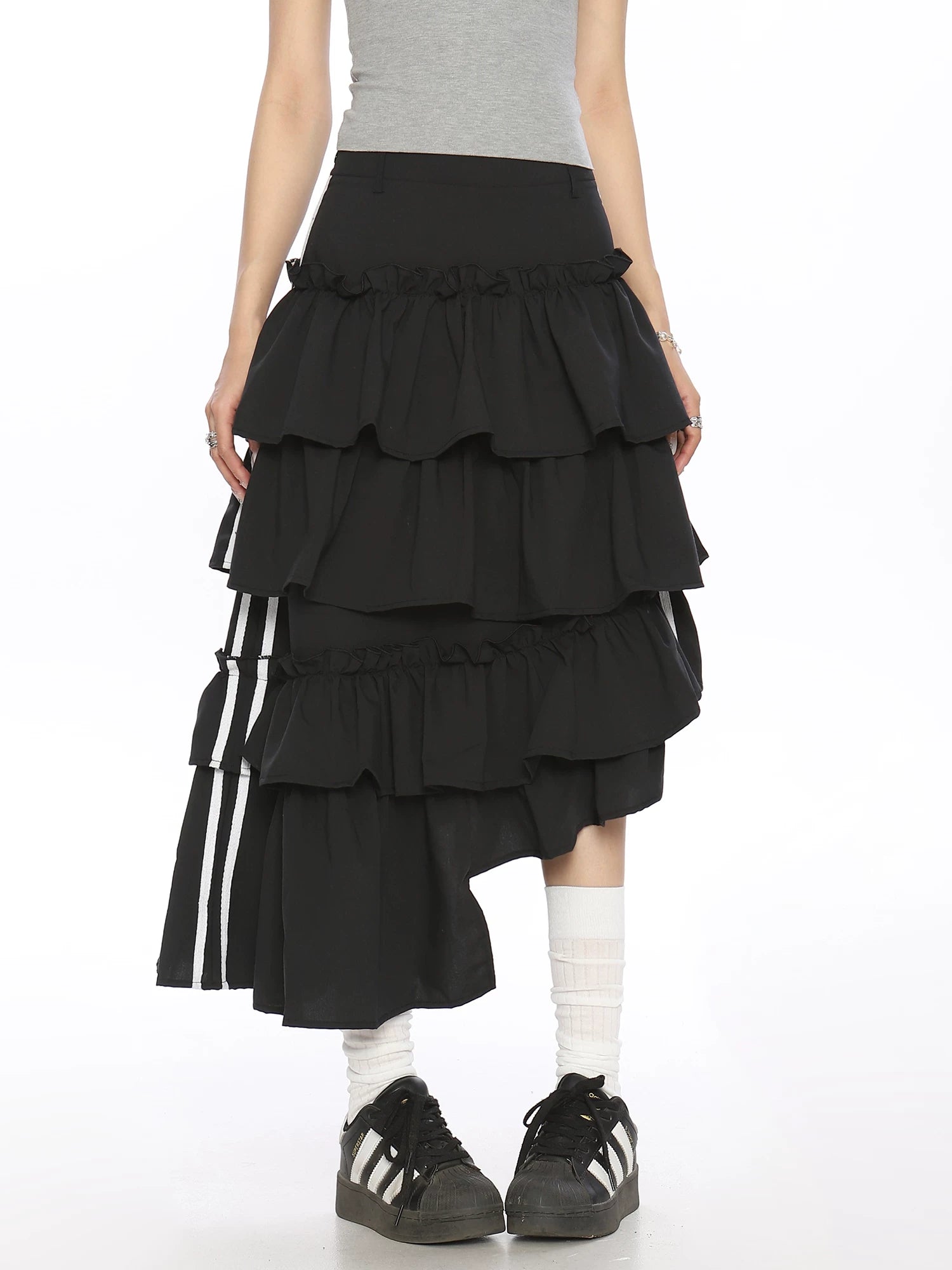 Asymmetric Tiered Ribbon Midi Skirt
