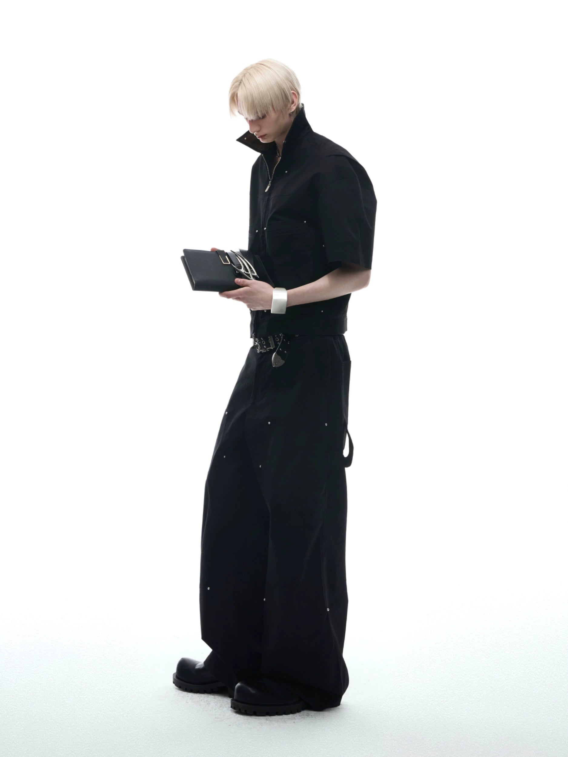 Black Zip-Front Short Sleeve Coverall Jumpsuit