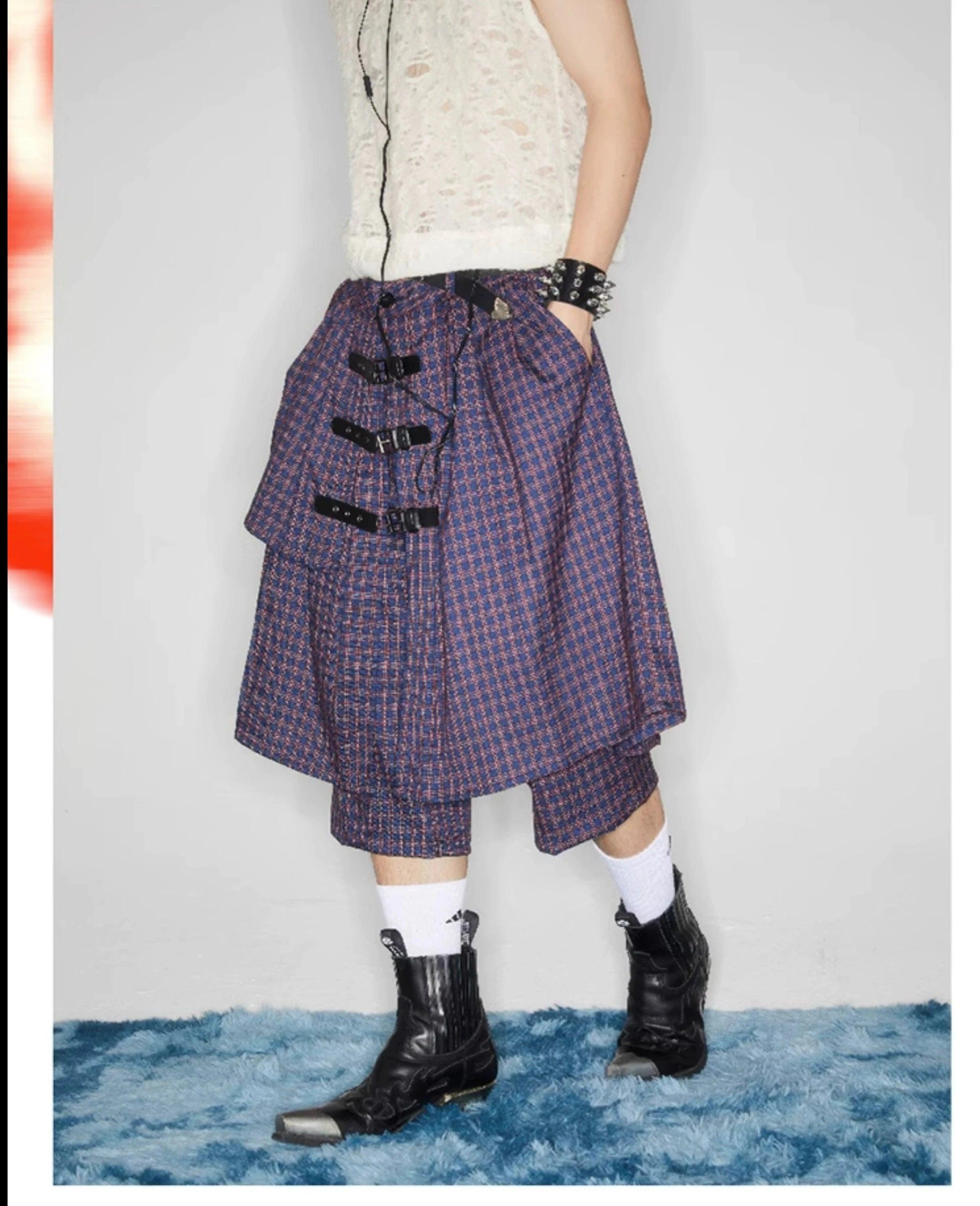 Plaid Buckle-Front Layered Skort - chiclara