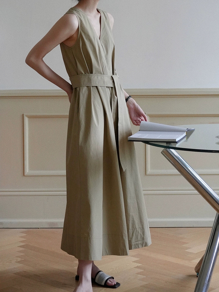 Sleeveless Khaki Belted Maxi Dress
