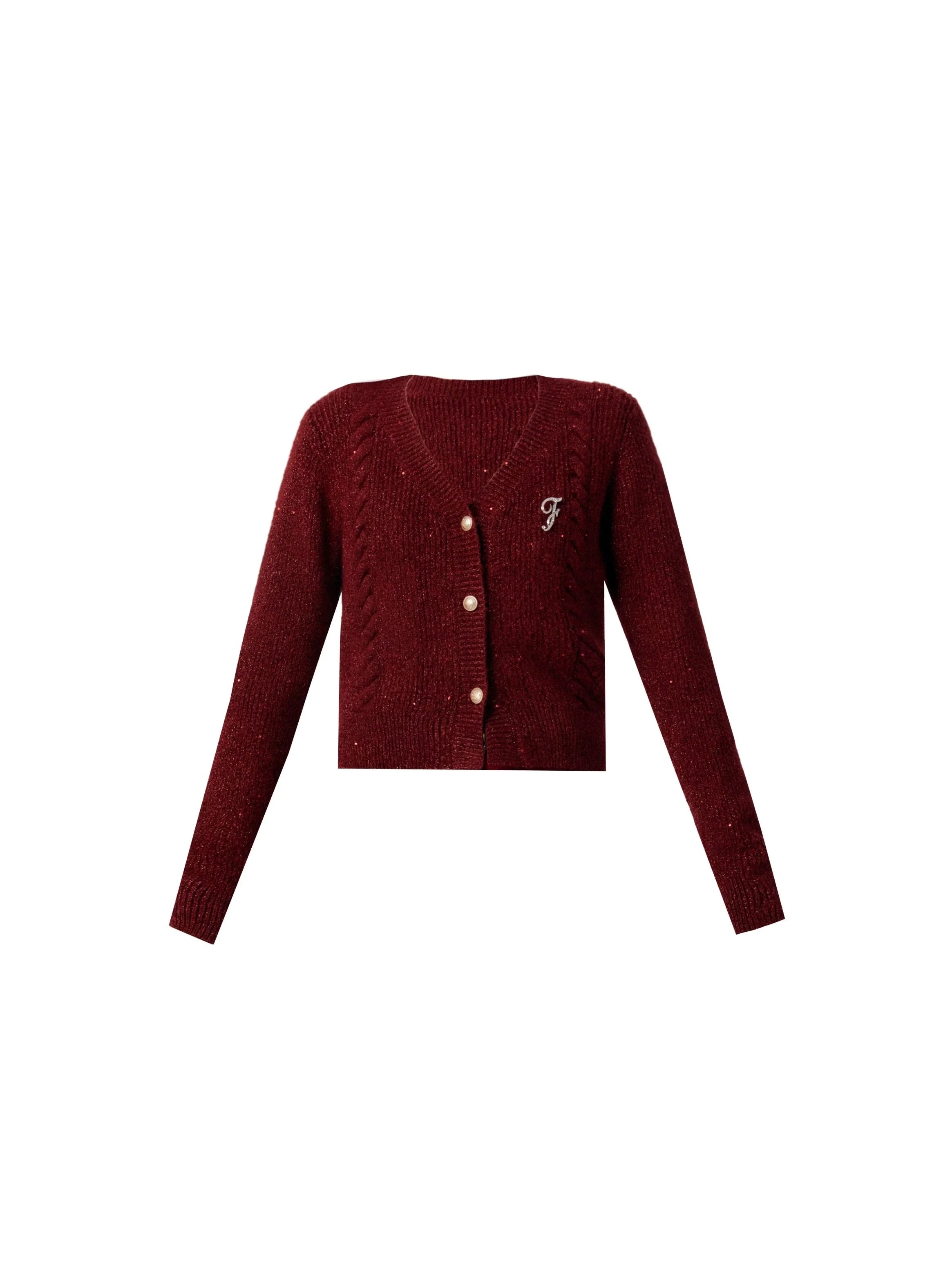 Burgundy Cropped Cardigan - V-Neck Knit Sweater with Gold Buttons