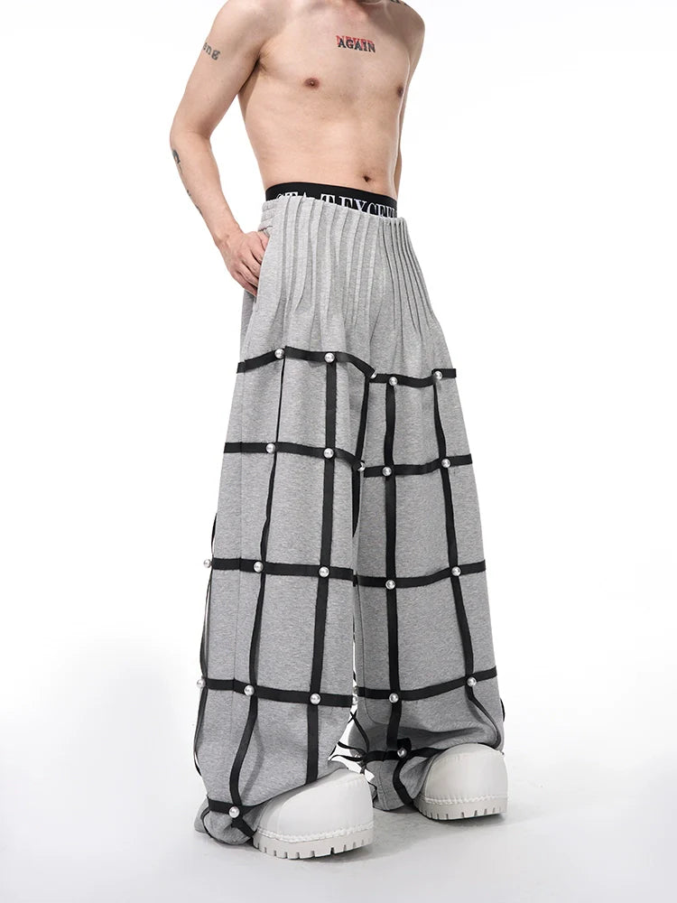 Grid Pearl Pleated Pants
