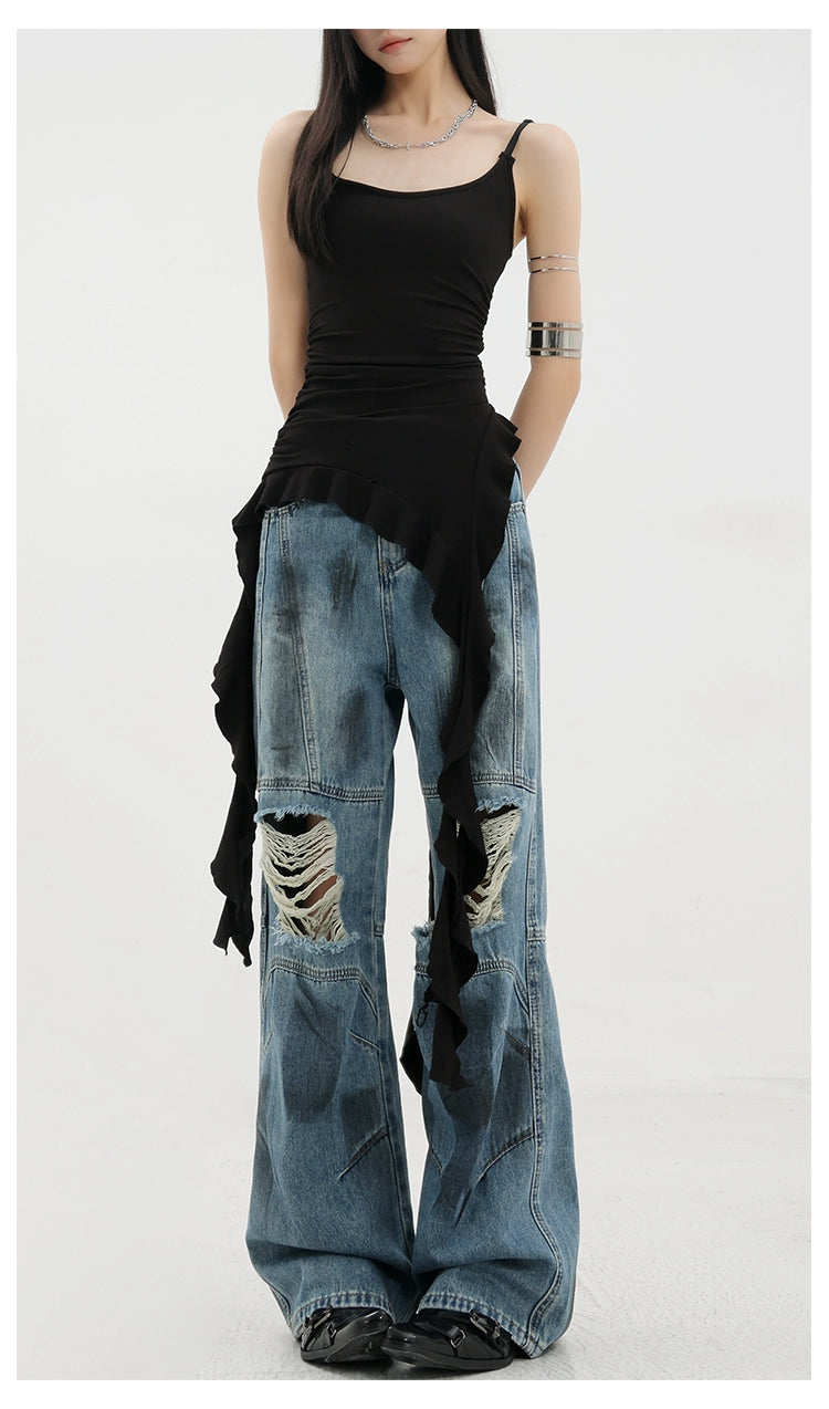 Vintage Distressed And Dirt-Dyed Patchwork Wide-Leg Jeans - chiclara